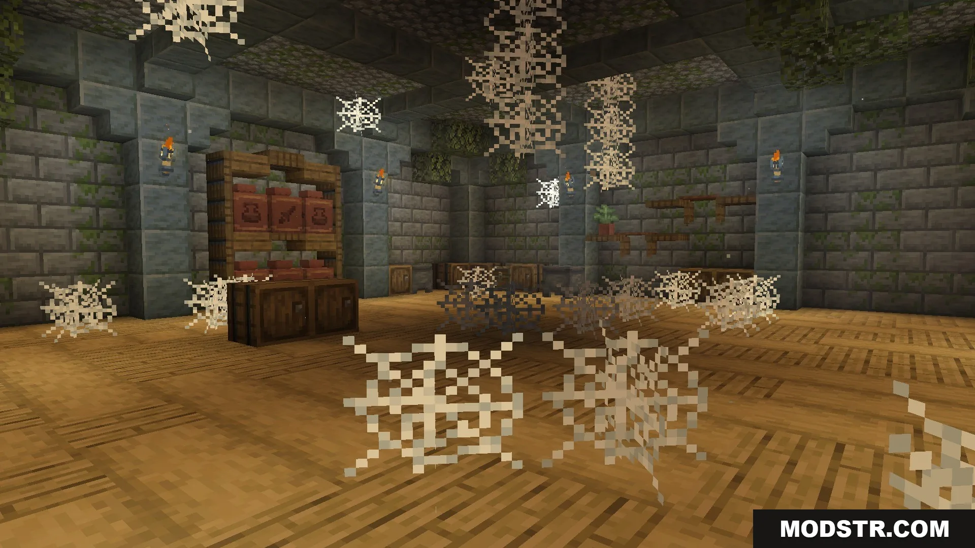 Citadel of Trials Data Pack Screenshot 9 Abandoned stone room with cobwebs and wooden storage containers in a stronghold