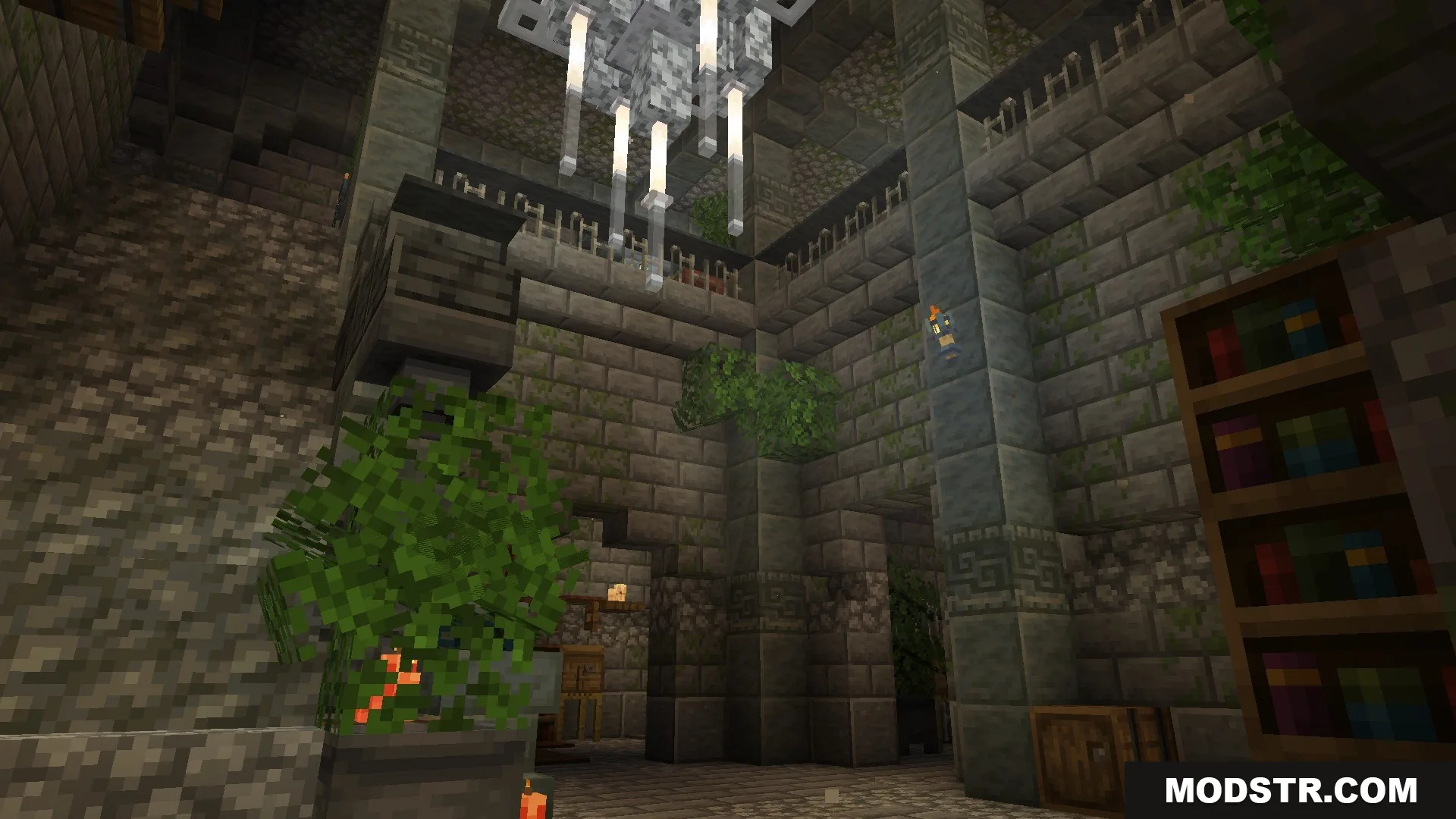 Citadel of Trials Data Pack Screenshot 7 A stone stronghold library featuring a large chandelier and a wooden bookshelf
