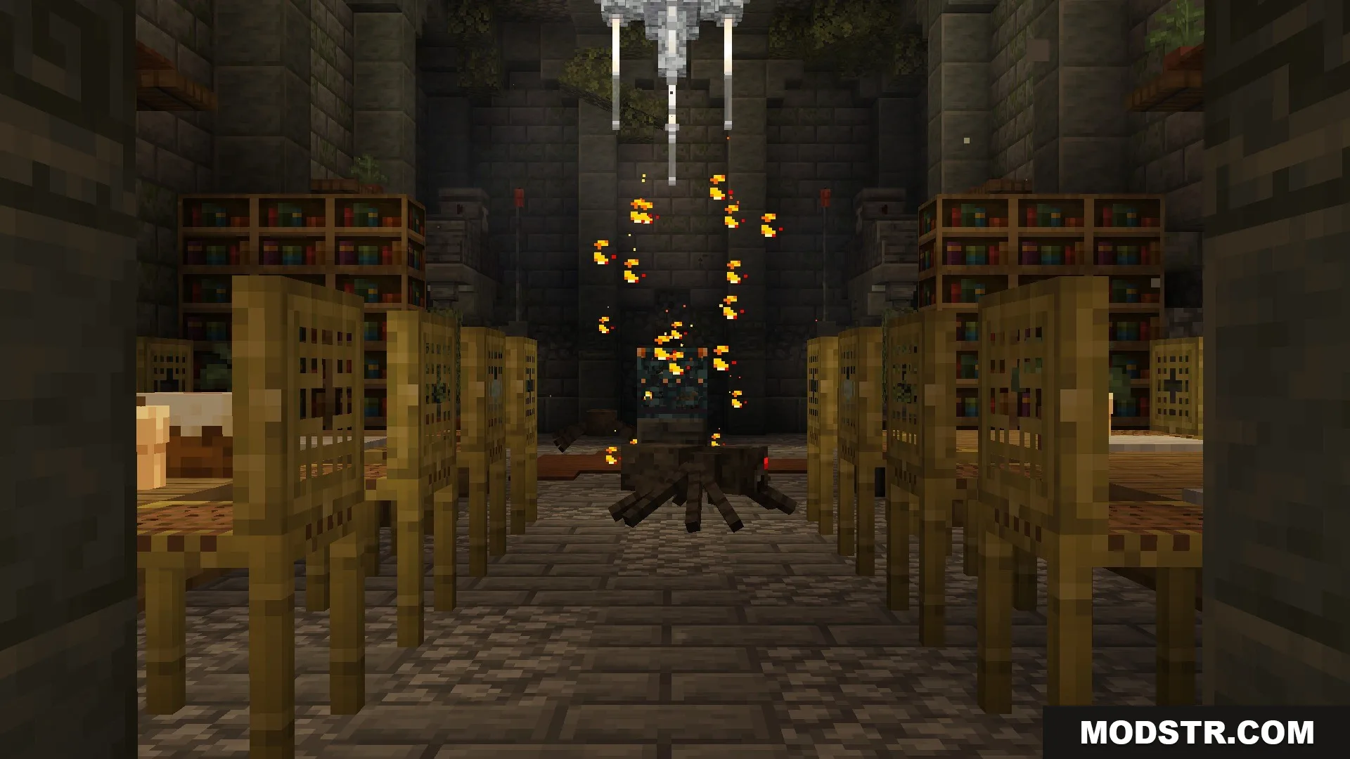 Citadel of Trials Data Pack Screenshot 3 A spider guards a mob spawner inside a library with bamboo furniture