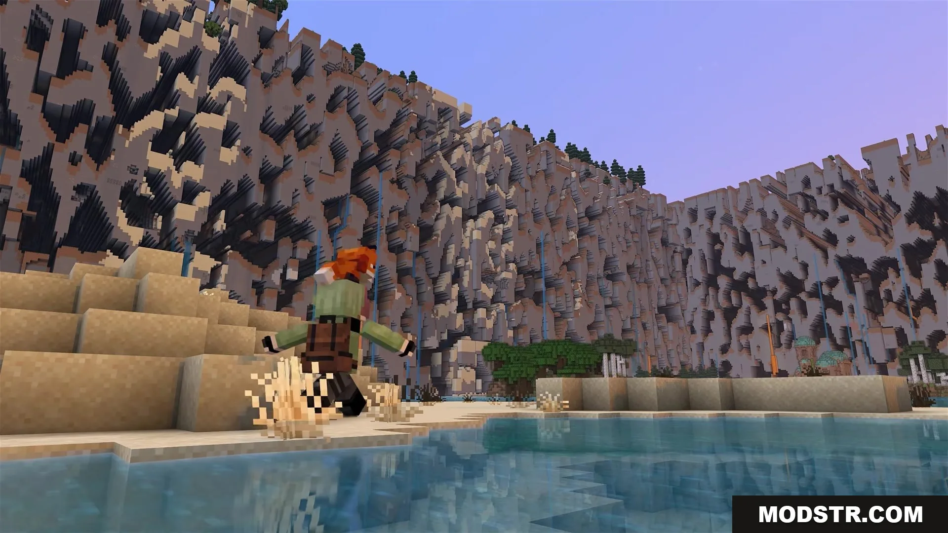 A player character stands near water looking at the massive Farlands wall