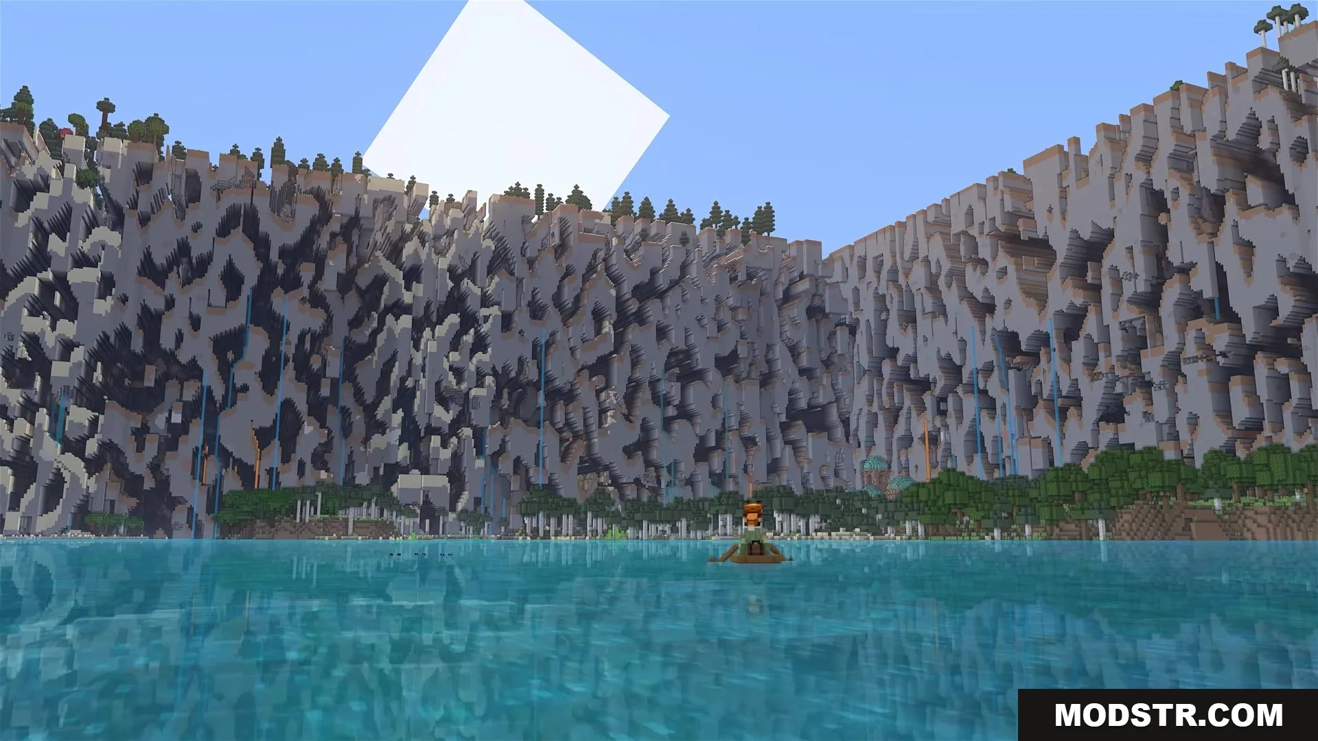 A player in a boat looking at the towering walls of broken blocks