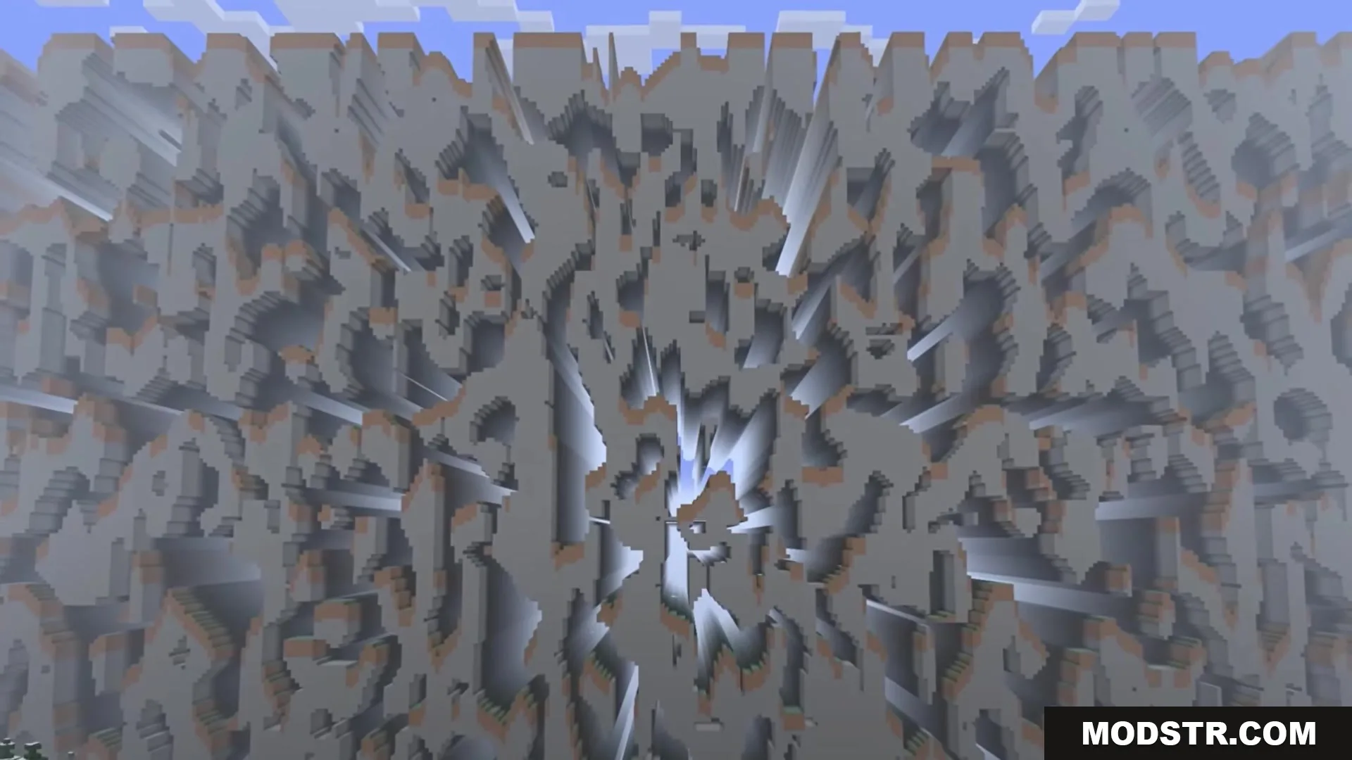 A landscape view of the broken terrain generated by Classic Farlands Mod