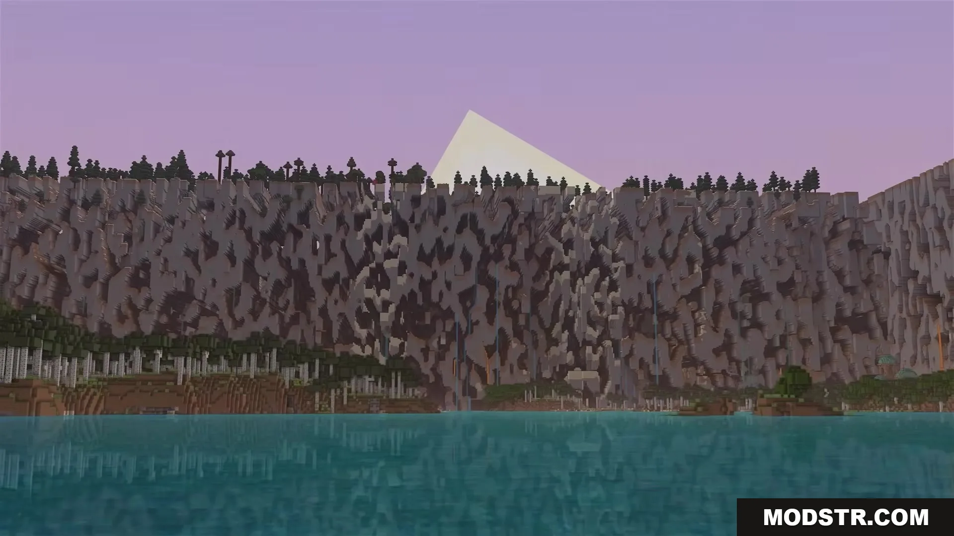 Massive walls of broken terrain generation stretch across the horizon over the ocean