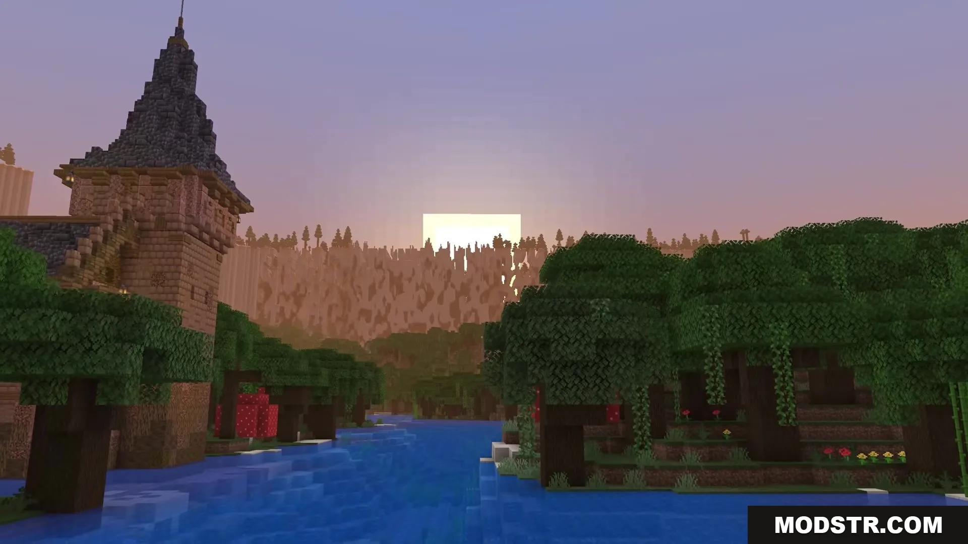 A stone tower stands near a river with Classic Farlands terrain generation