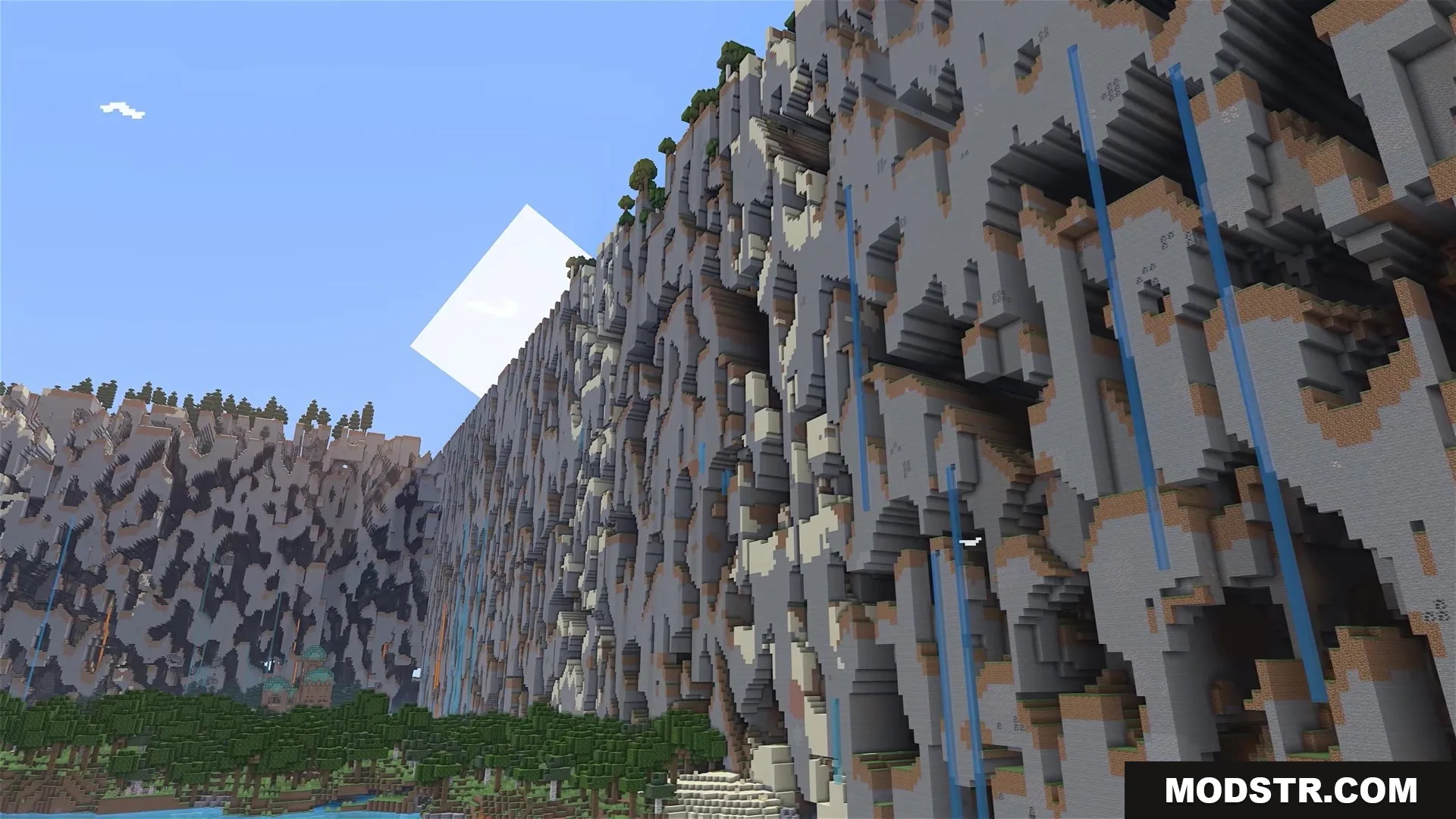 Massive walls of broken terrain blocks towering over a forest in Minecraft