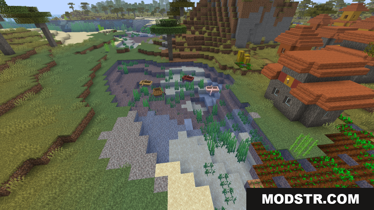 Clean Water Resource Pack Screenshot 4 A village by a clear, shallow river with boats