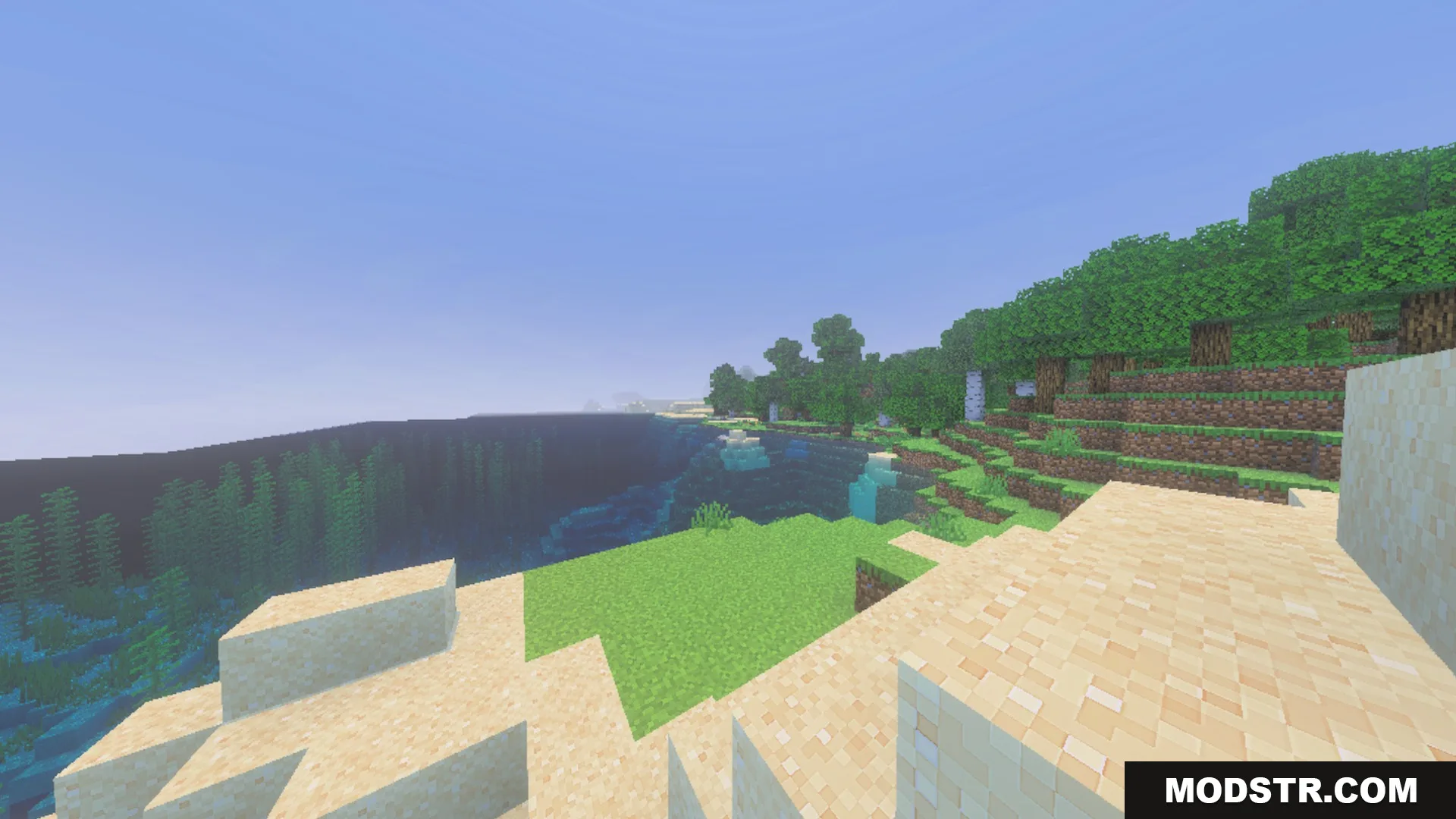 CLEAR FOG VISUAL Shader Screenshot 6 Clear view of a river and forest from a sandy Minecraft hilltop