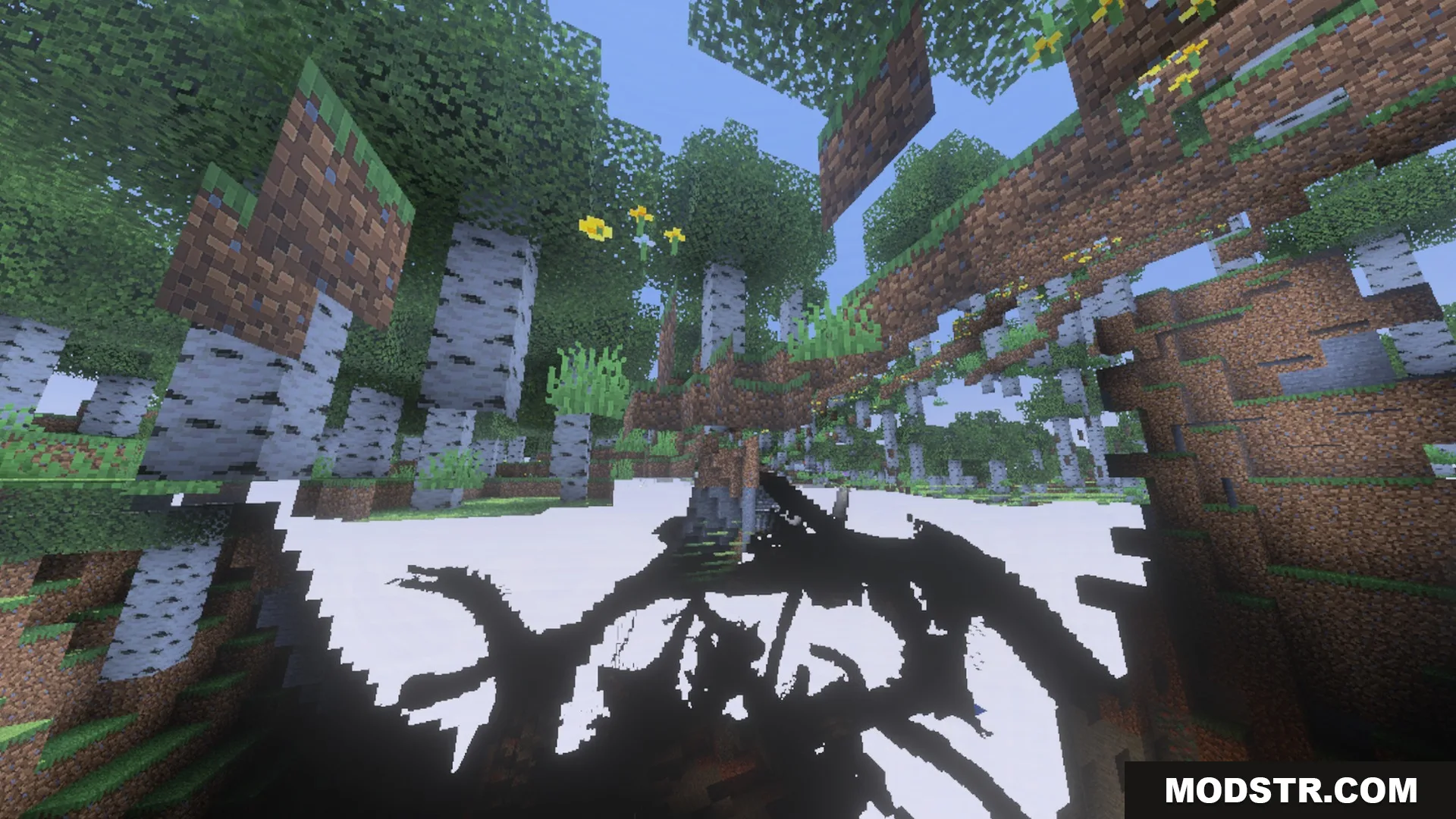 CLEAR FOG VISUAL Shader Screenshot 3 Glitched perspective of a birch forest with floating blocks and a white void