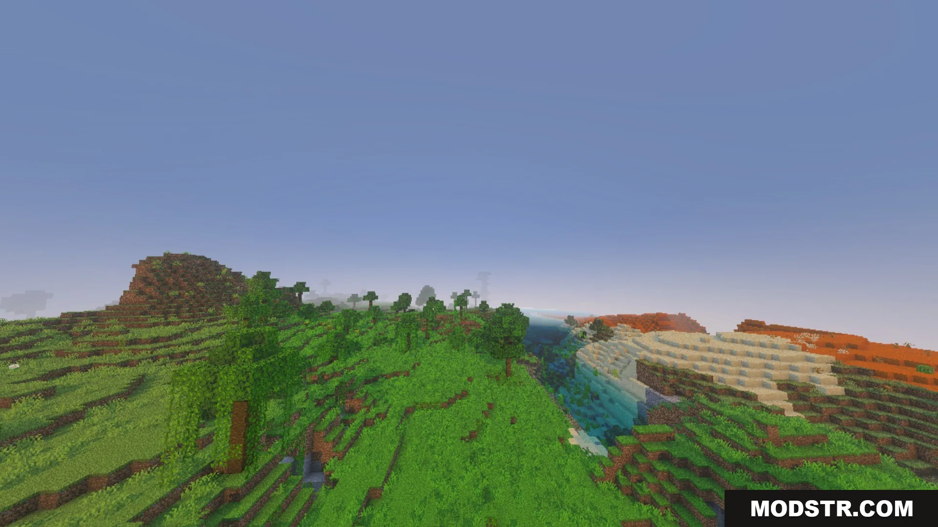 CLEAR FOG VISUAL Shader Screenshot 5 A vast Minecraft landscape with green hills and clear distant terrain visibility