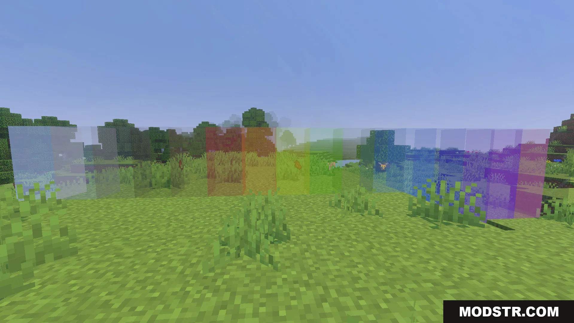 Clear Glass Texture Pack Screenshot 4 A row of various colored clear glass blocks in a grassy field