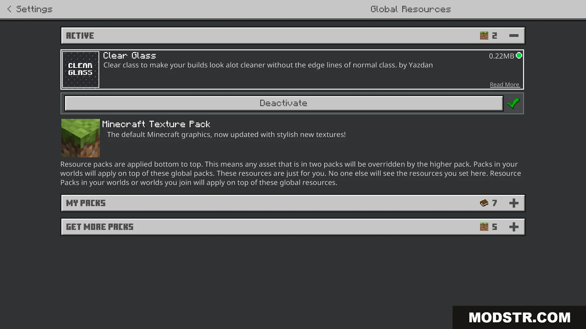 Clear Glass Texture Pack Screenshot 1 settings menu showing the active clear glass resource pack