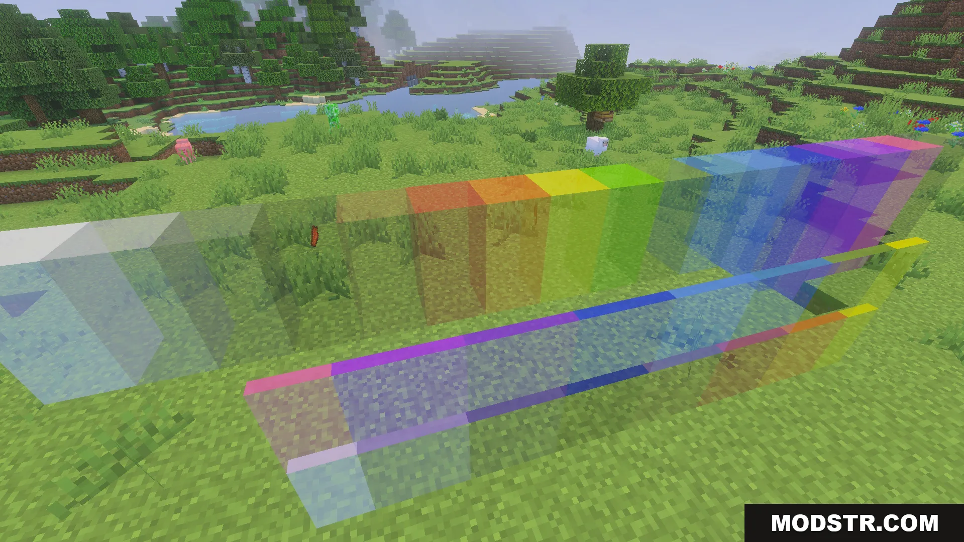 Clear Glass Texture Pack Screenshot 6 connected colored glass blocks and panes creating large clear windows without pixelation