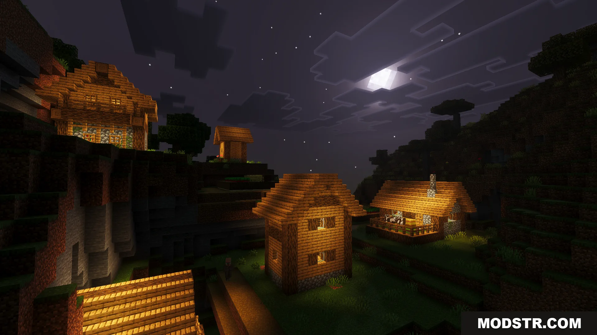 Cloud Visual Shader Screenshot 6 Village houses on a hillside glowing with warm light under the bright moon