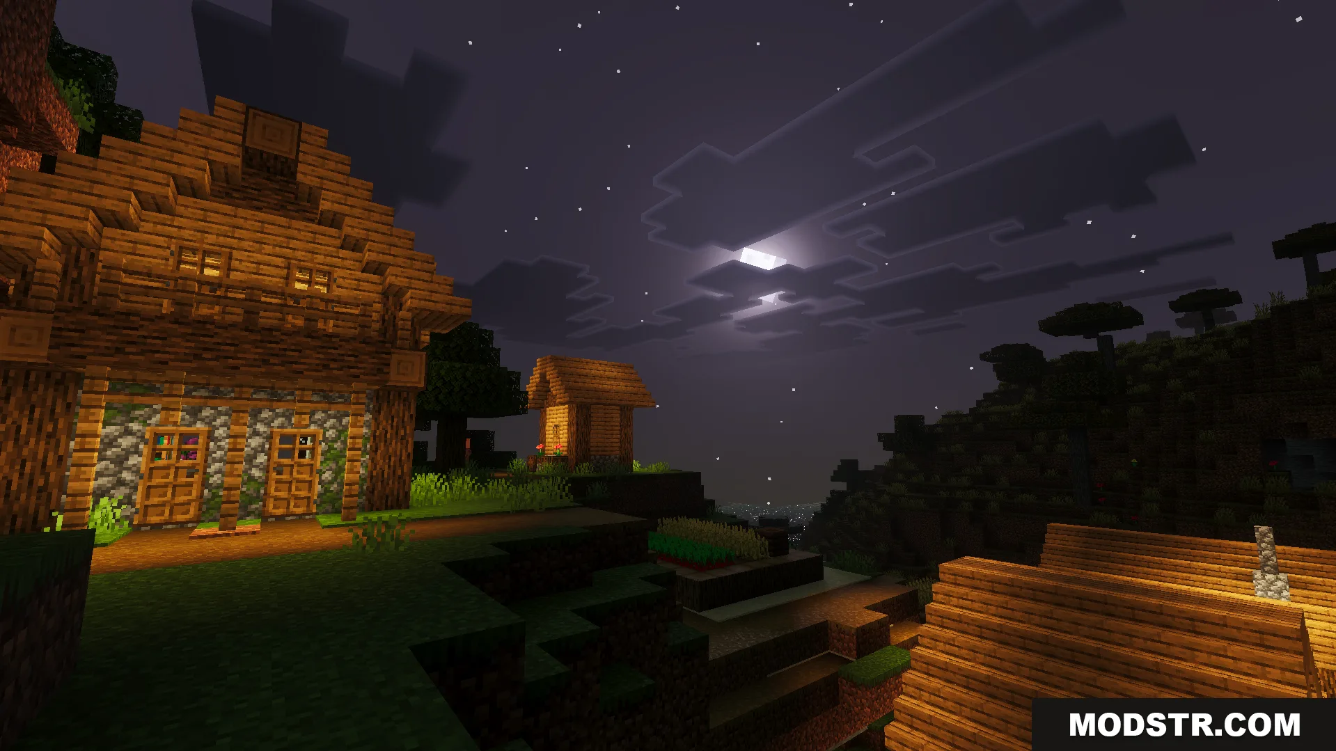 Cloud Visual Shader Screenshot 5 Soft moonlight illuminates a cozy wooden house and village path at night