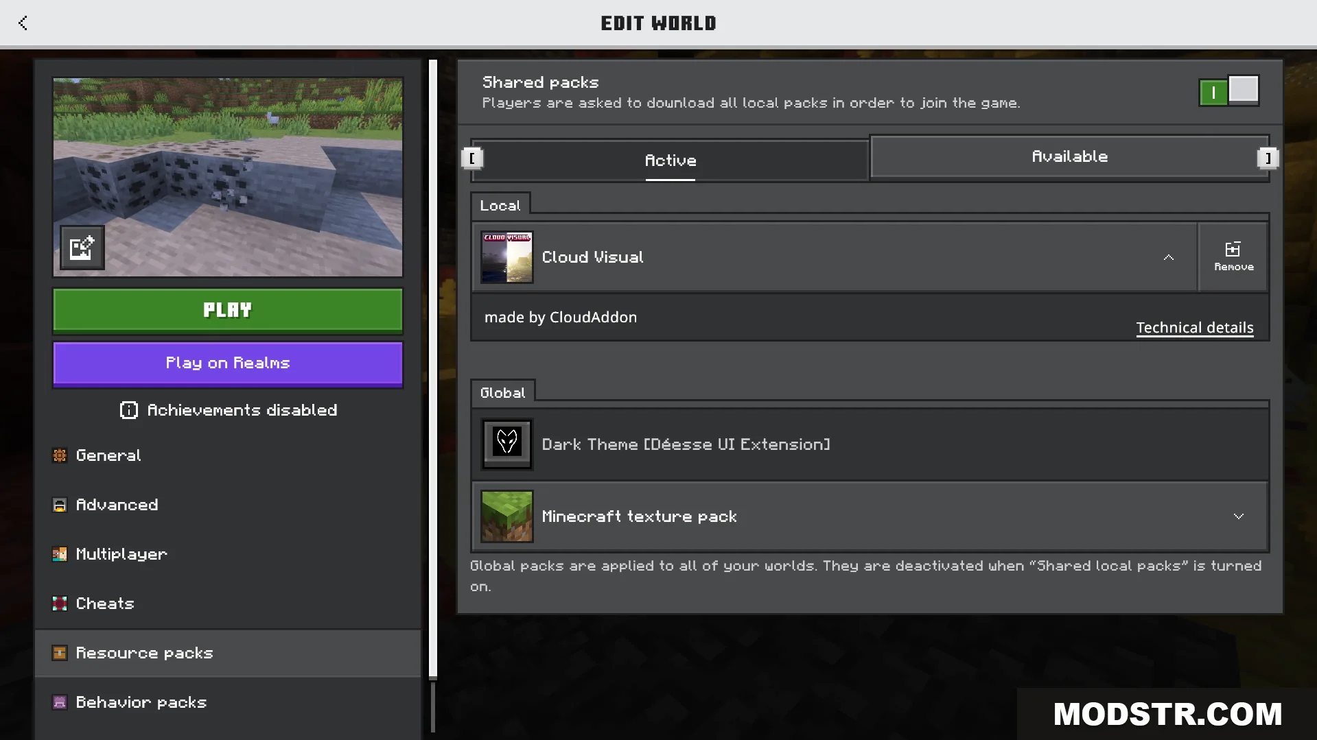 Cloud Visual Shader Screenshot 1 Minecraft world settings menu showing the active Cloud Visual resource pack selection