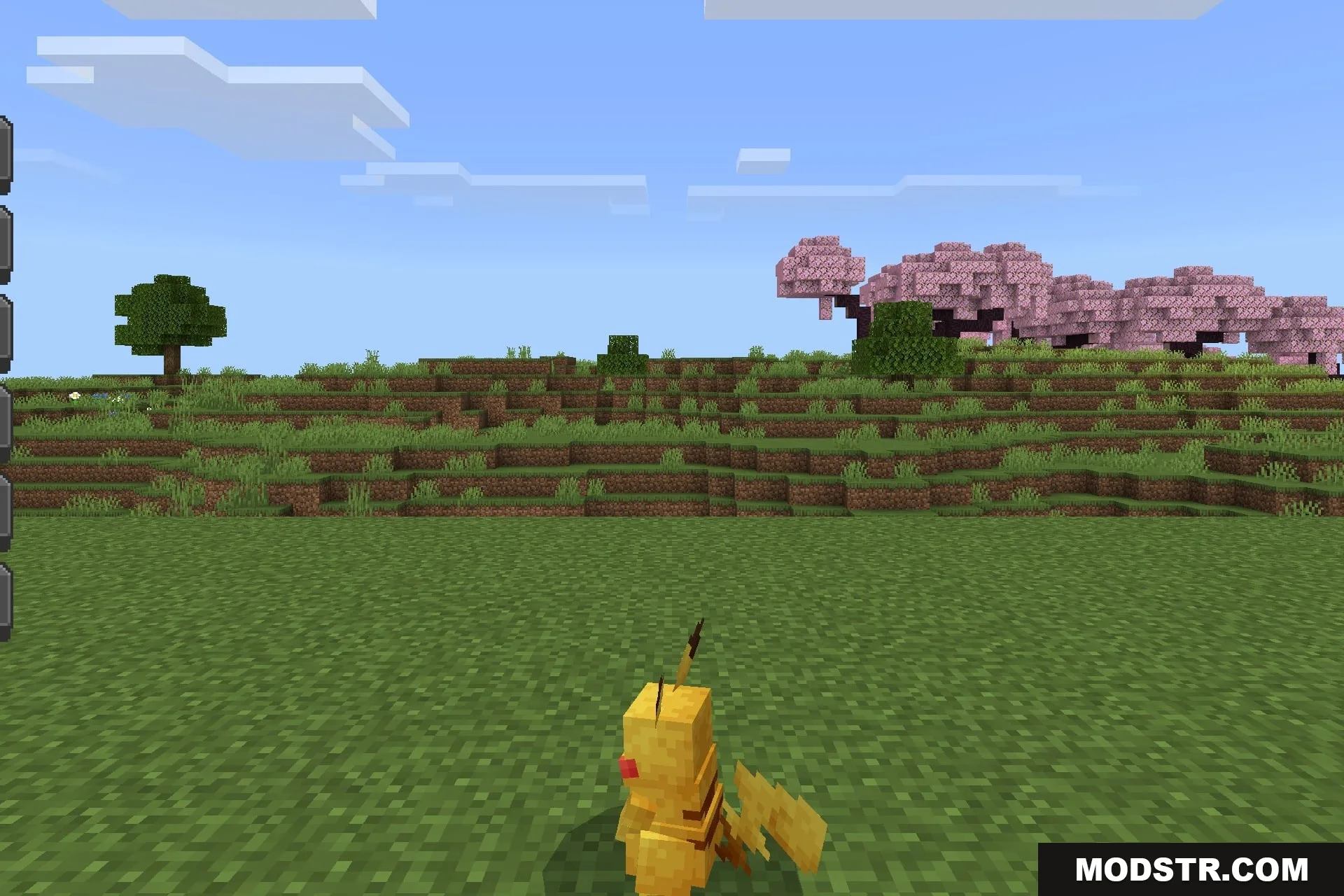 CobbleDrock 1.2.3 Gym Challenge Update Addon Screenshot 5 A yellow Pikachu mob stands in a grassy field with cherry blossom trees