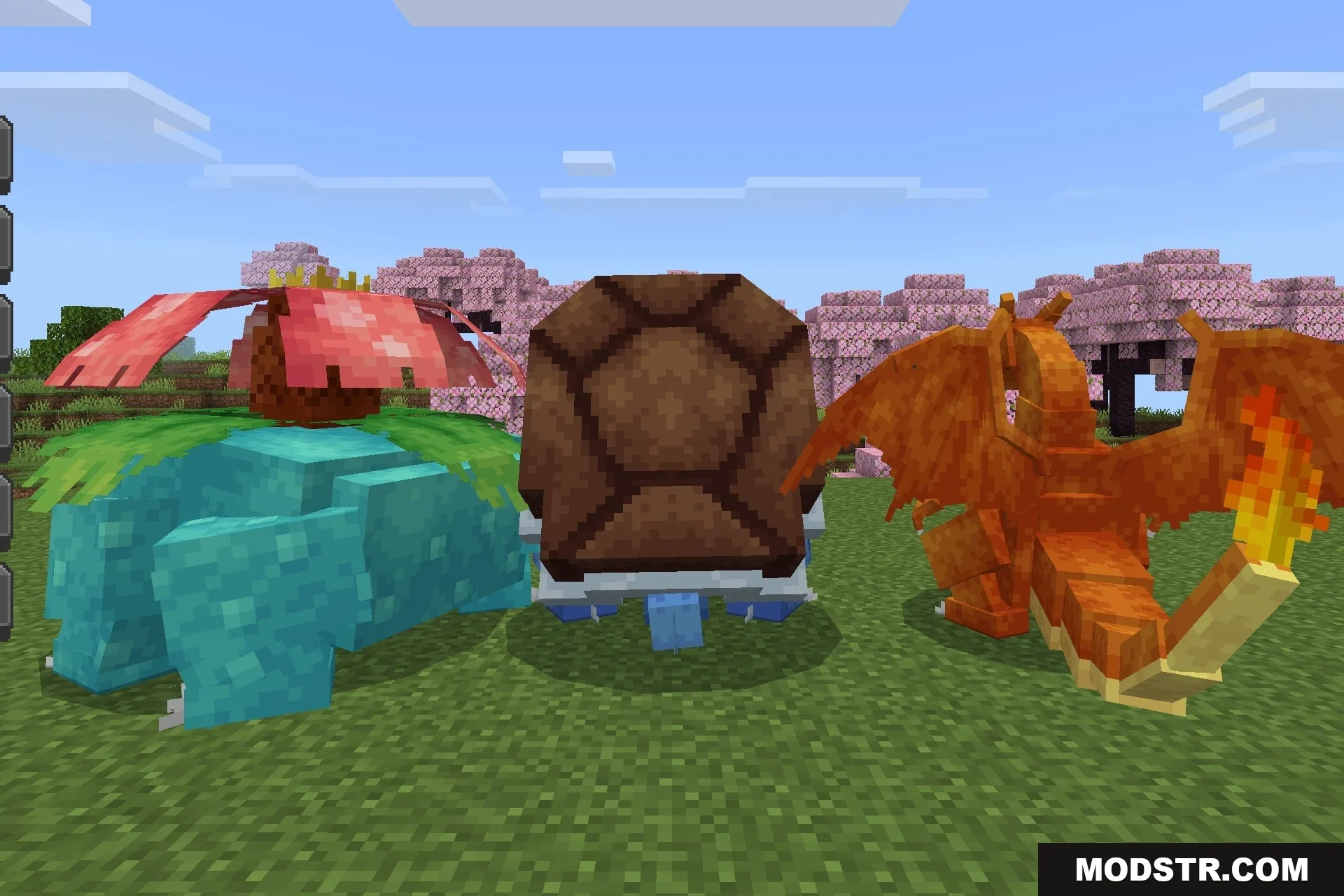 CobbleDrock 1.2.3 Gym Challenge Update Addon Screenshot 1 Venusaur Blastoise and Charizard models standing on a grassy field in Minecraft