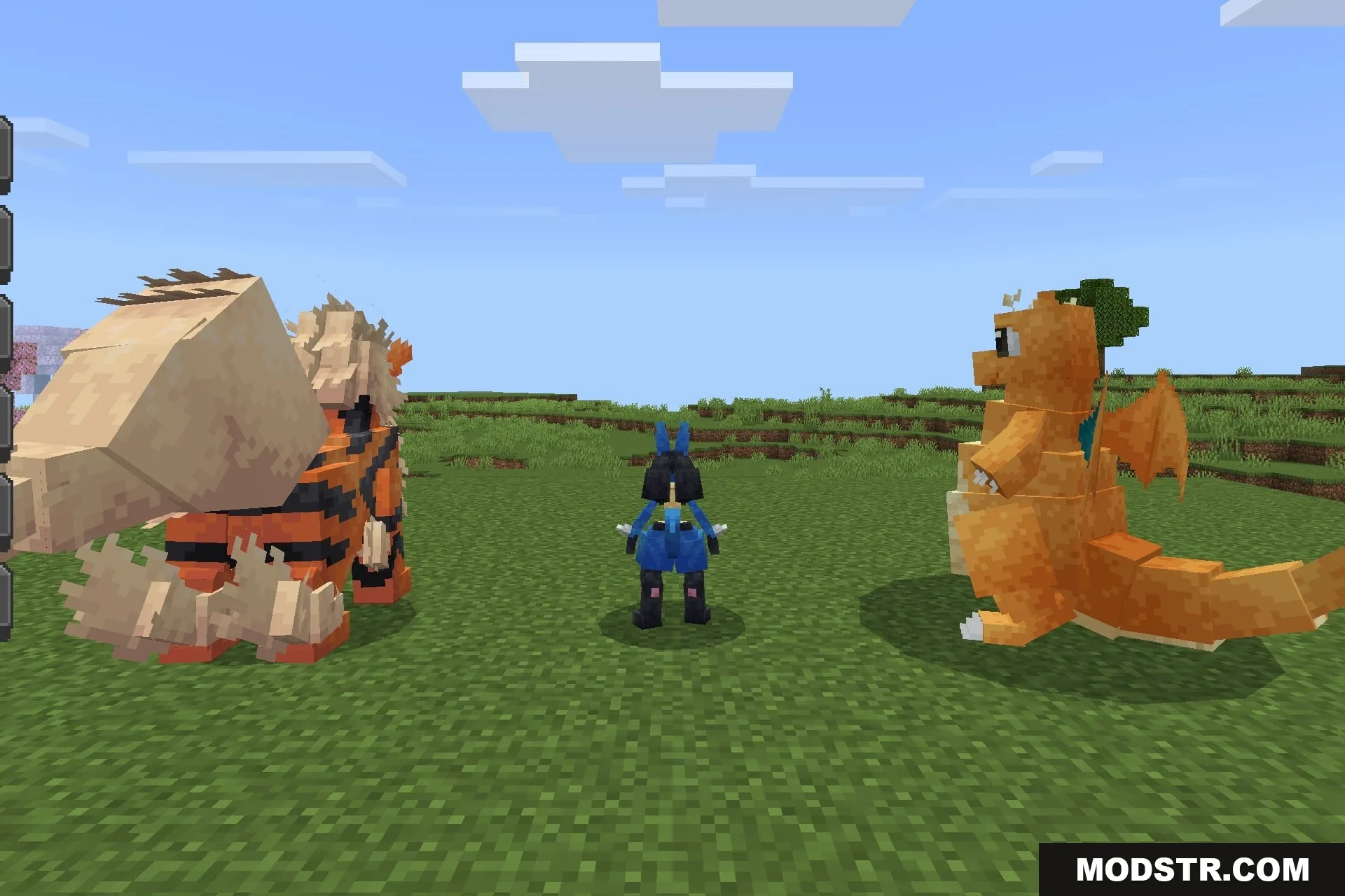 CobbleDrock 1.2.3 Gym Challenge Update Addon Screenshot 3 Arcanine Lucario and Dragonite standing together in a grassy Minecraft field