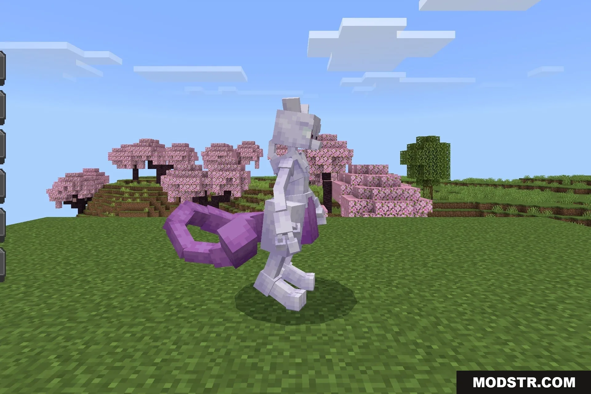 CobbleDrock 1.2.3 Gym Challenge Update Addon Screenshot 4 Mewtwo standing in a cherry blossom biome within the Minecraft world