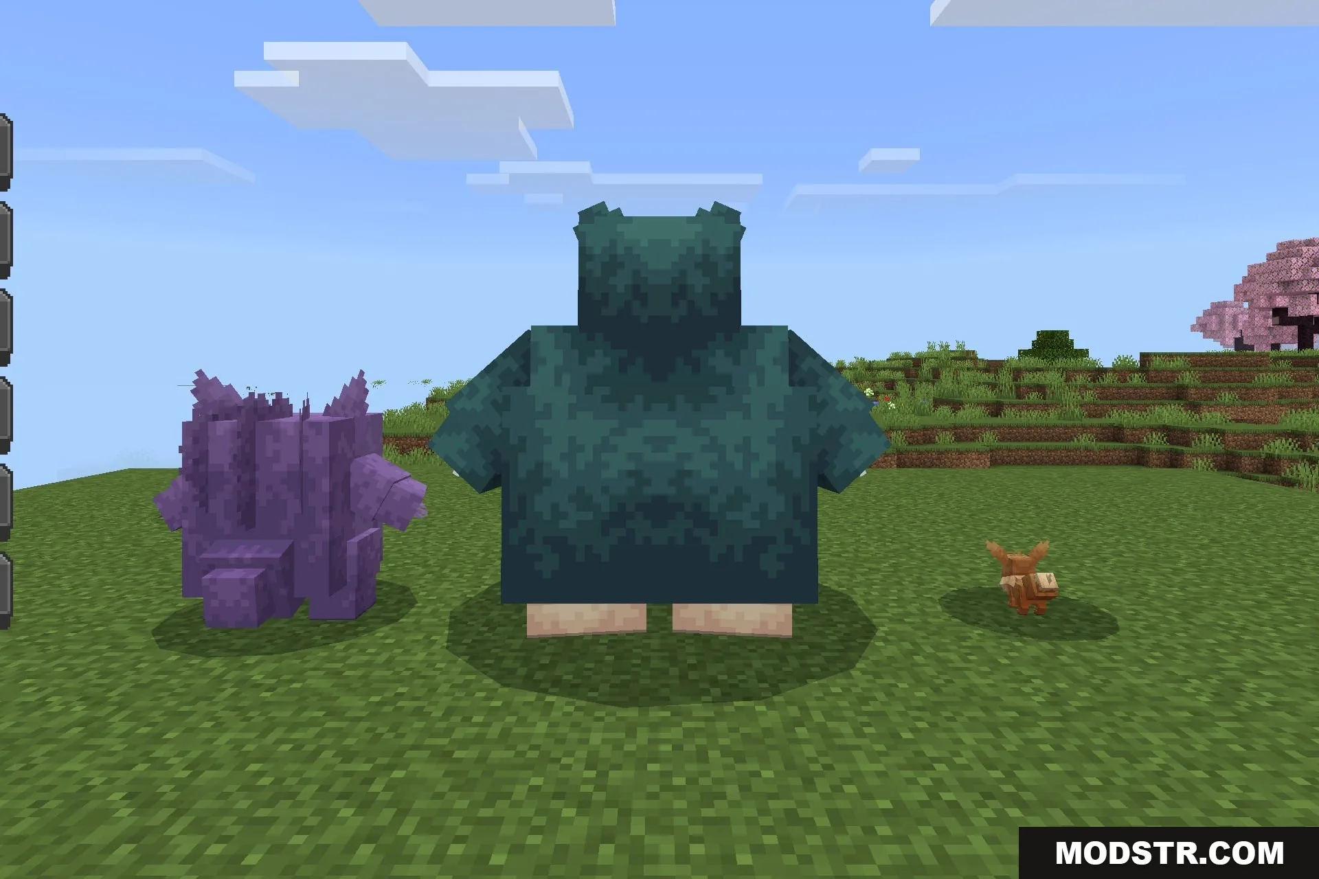 CobbleDrock 1.2.3 Gym Challenge Update Addon Screenshot 2 Gengar Snorlax and Eevee models standing together in a grassy Minecraft biome