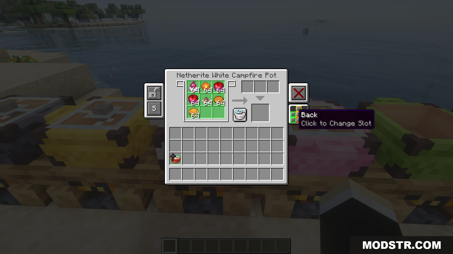 Cooking interface displaying ingredients and front slot configuration tooltip