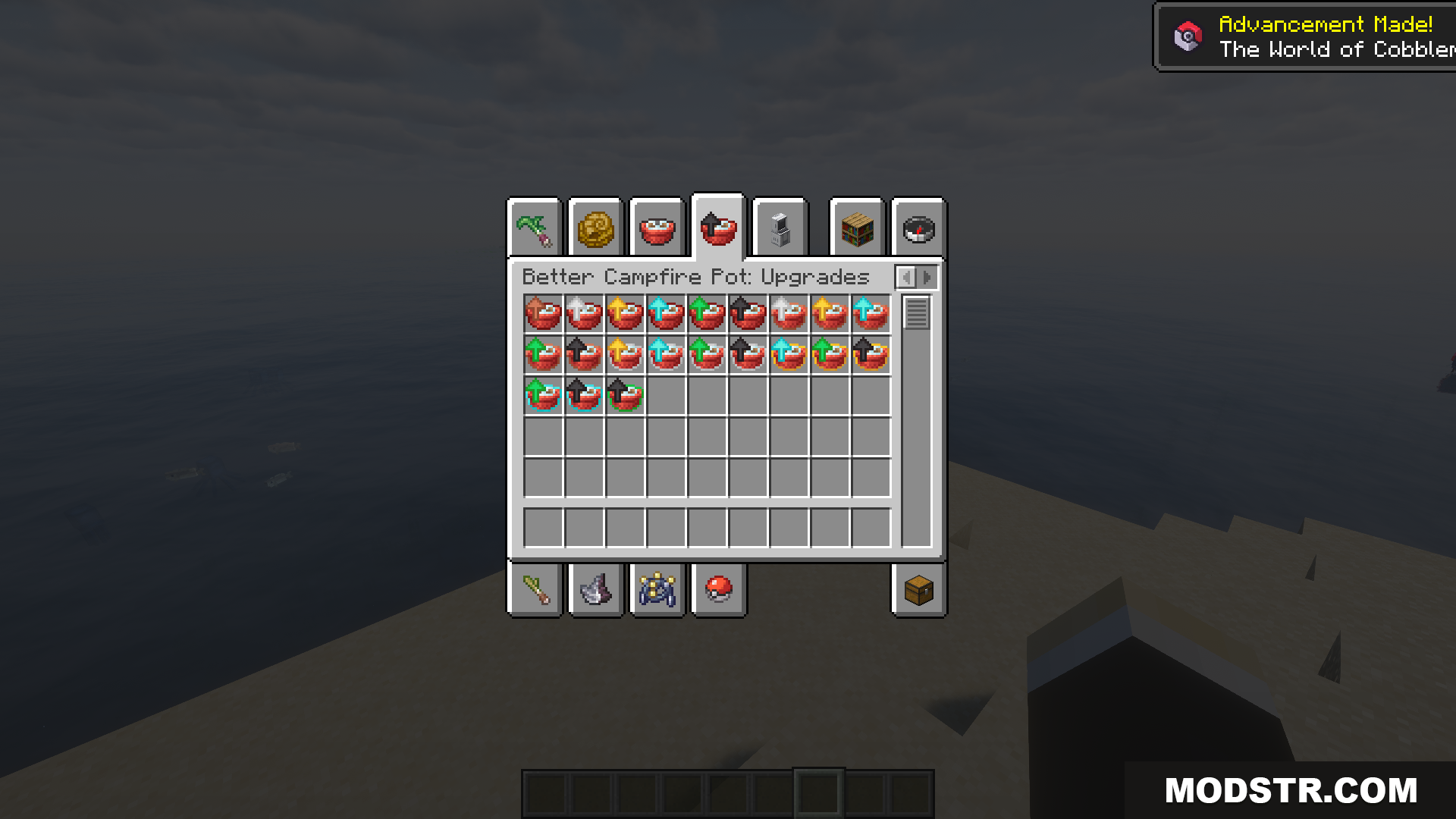 Creative inventory menu showing various campfire pot upgrade items