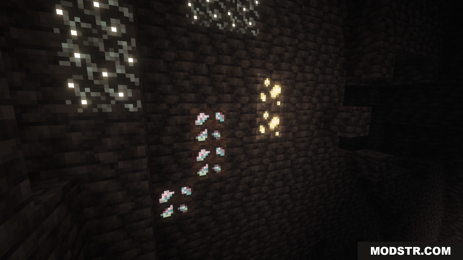 Cobblemon Emissive Ores Resource Pack Screenshot 9 Different types of glowing ore veins on a cave wall
