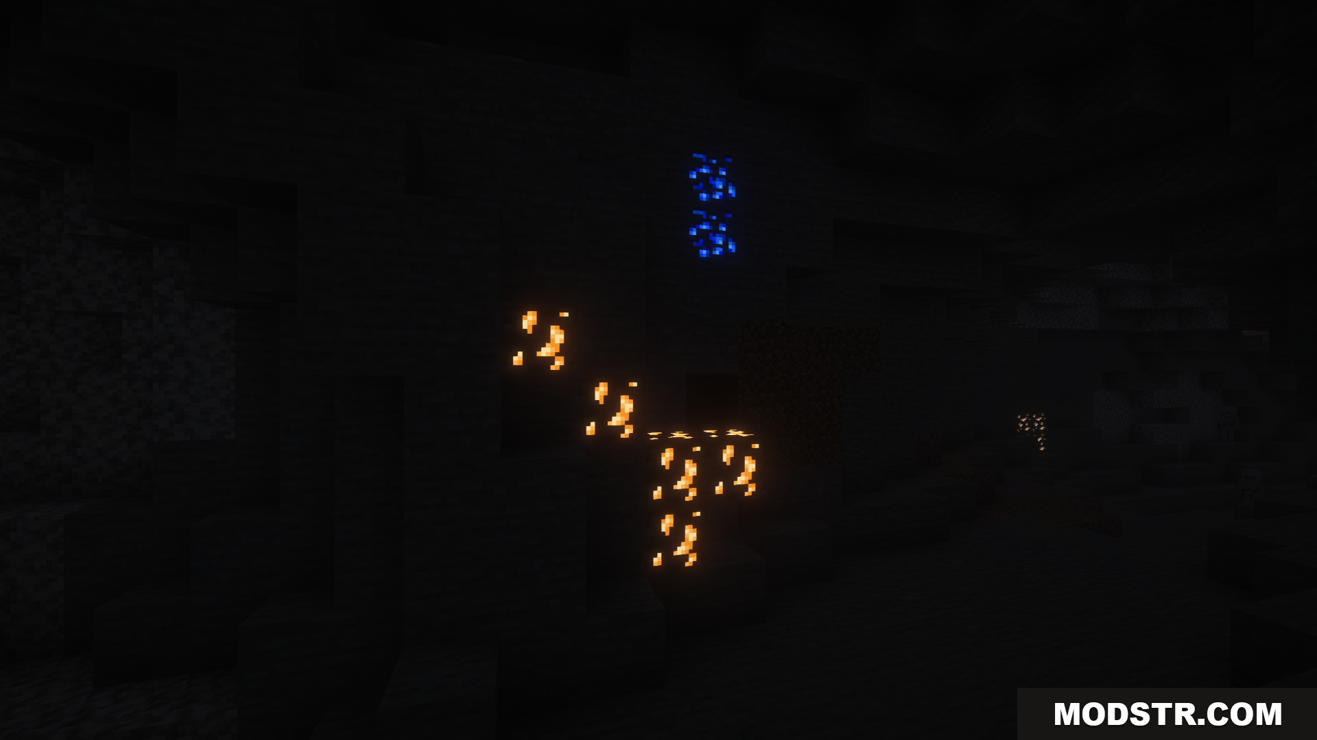 Cobblemon Emissive Ores Resource Pack Screenshot 7 Glowing blue and gold ores light up a dark cave