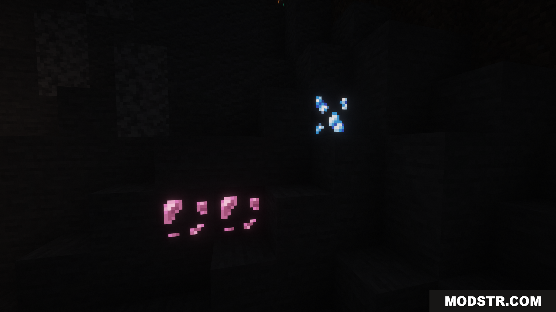 Cobblemon Emissive Ores Resource Pack Screenshot 3 Pink and blue glowing ores in a pitch-black cave