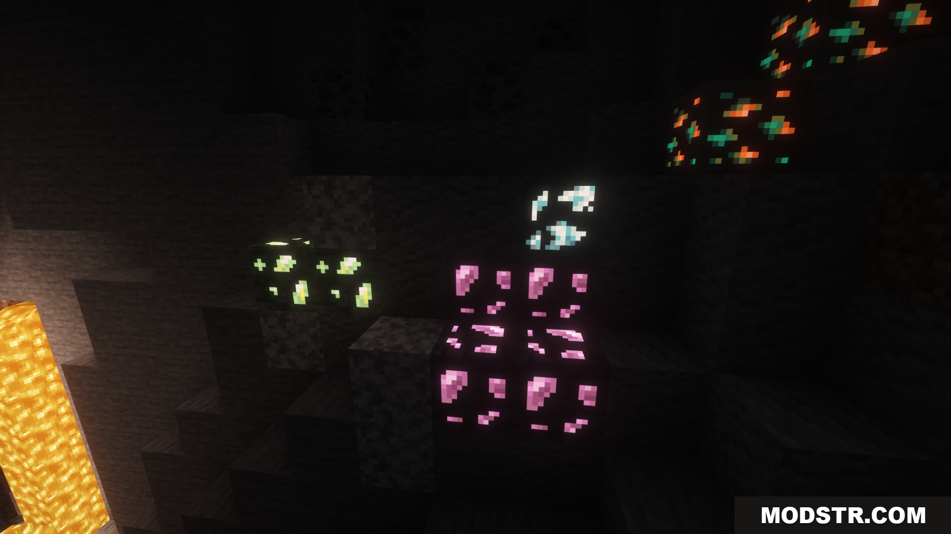 Cobblemon Emissive Ores Resource Pack Screenshot 4 Colorful glowing ores illuminating a dark cave wall
