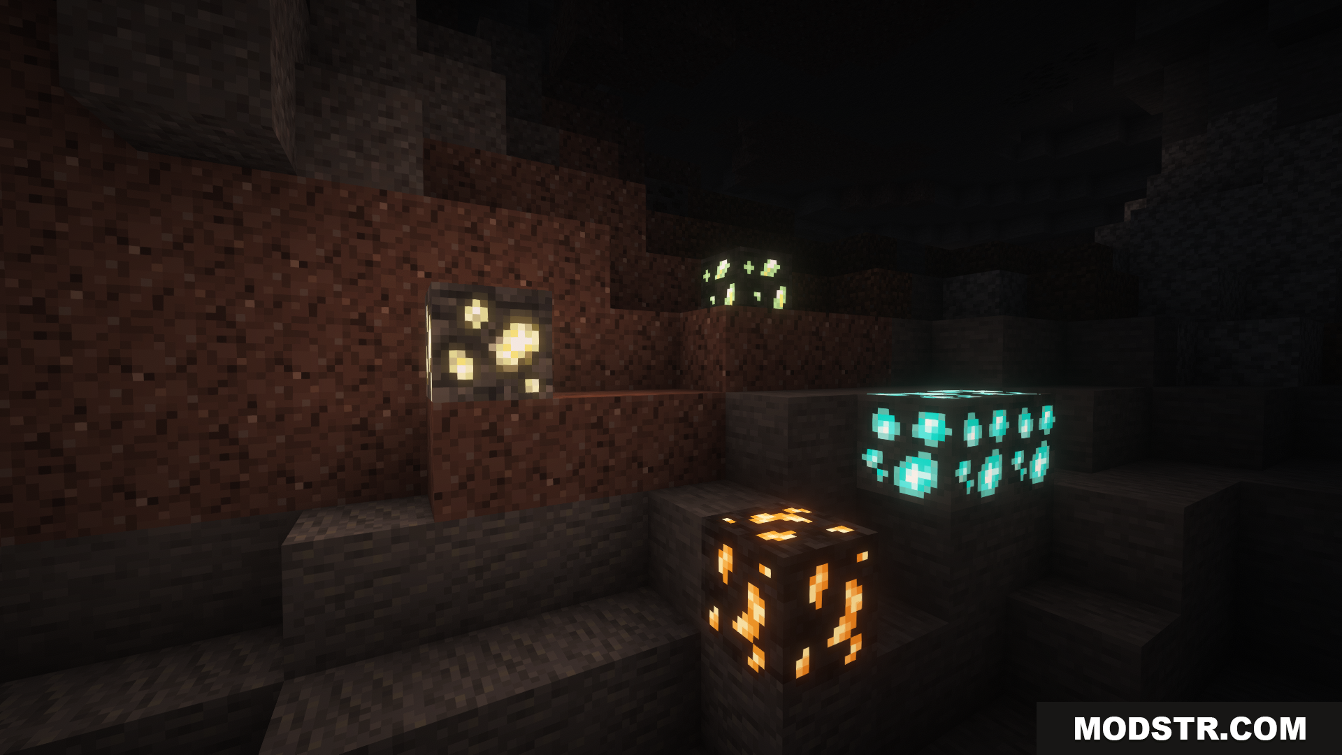 Cobblemon Emissive Ores Resource Pack Screenshot 2 Various glowing ore blocks illuminating a dark cave