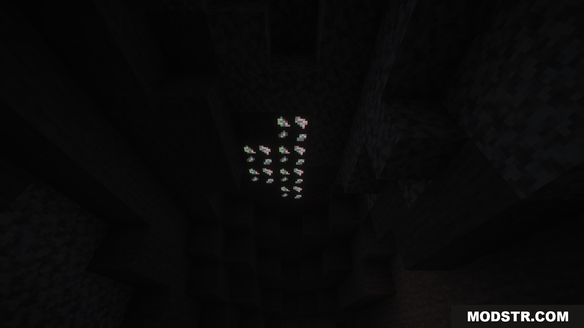 Cobblemon Emissive Ores Resource Pack Screenshot 8 A vein of glowing ores on a high cave ceiling