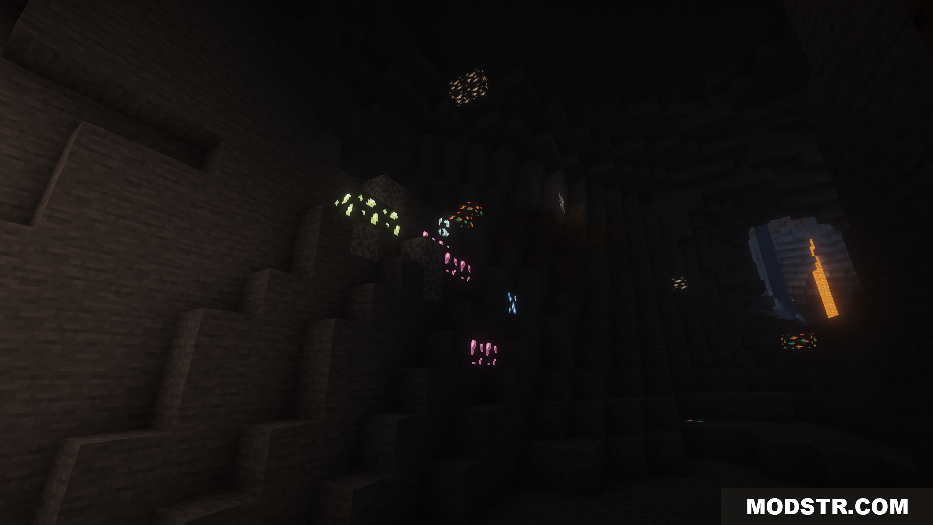 Cobblemon Emissive Ores Resource Pack Screenshot 5 A dark cave system with various glowing ore veins