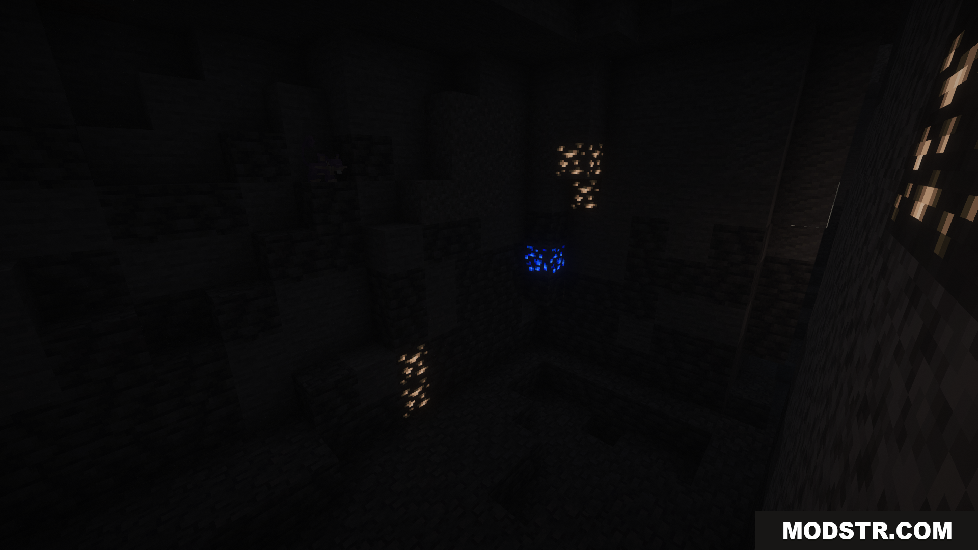 Cobblemon Emissive Ores Resource Pack Screenshot 6 Glowing blue and gold ore veins in a pitch-black cave