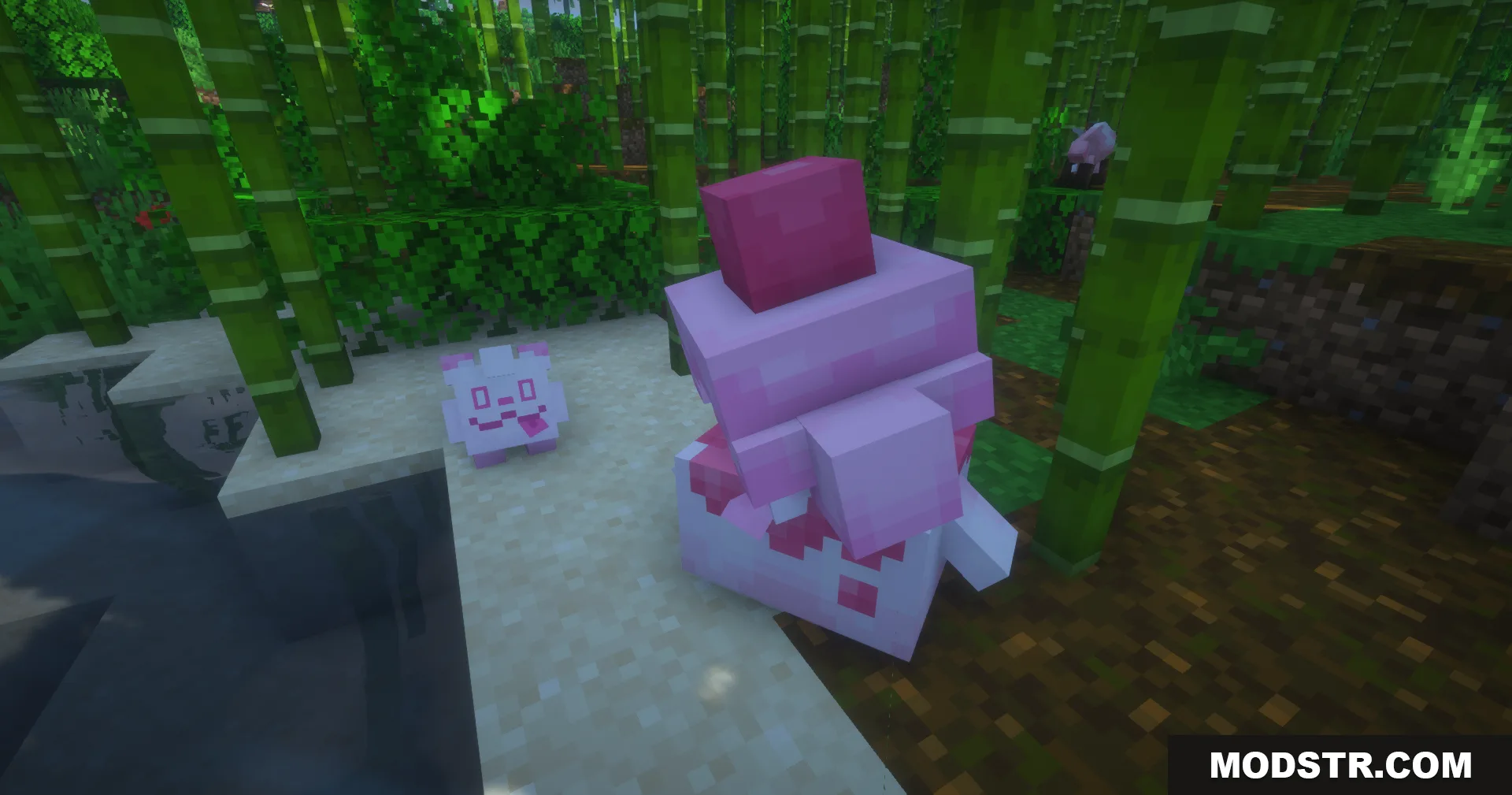 Cobblemon Swirlix and Slurpuff Data Pack Screenshot 1 Swirlix and Slurpuff standing together in a green bamboo forest