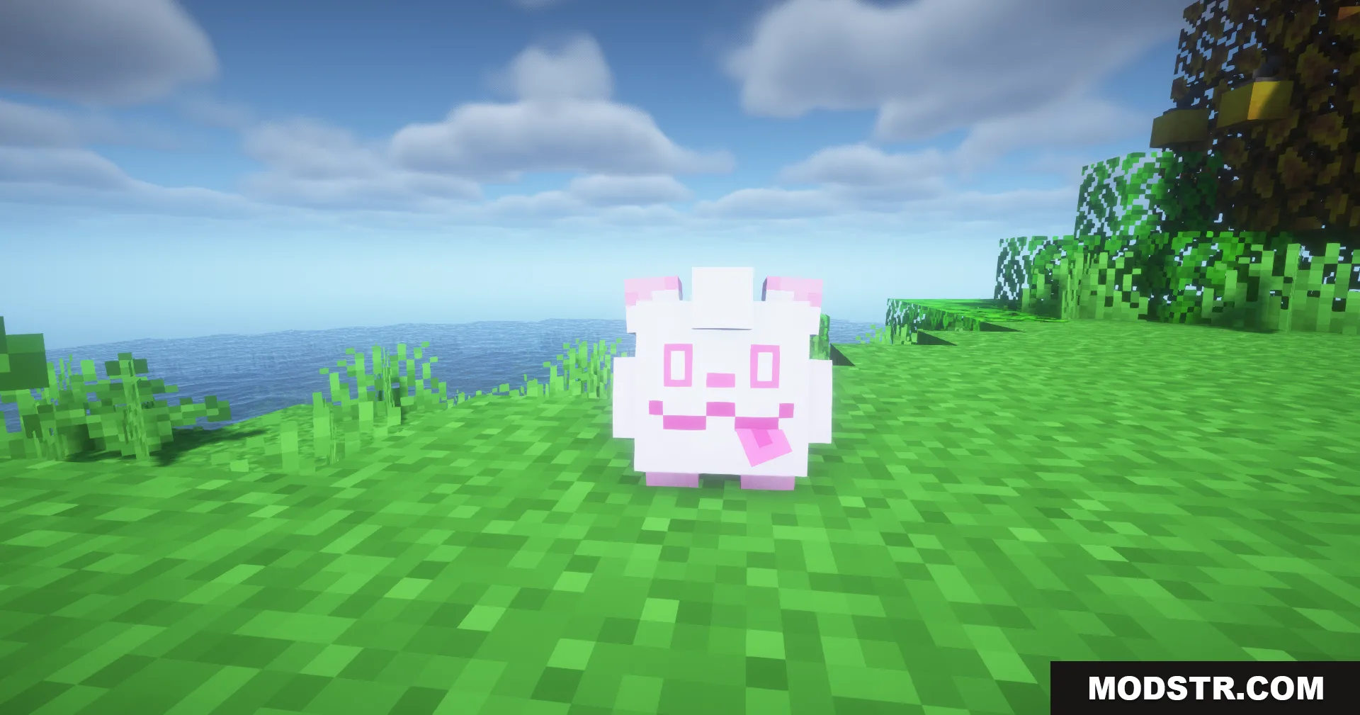 Cobblemon Swirlix and Slurpuff Data Pack Screenshot 8 Close up view of the white fluffy Swirlix mob on a grassy block