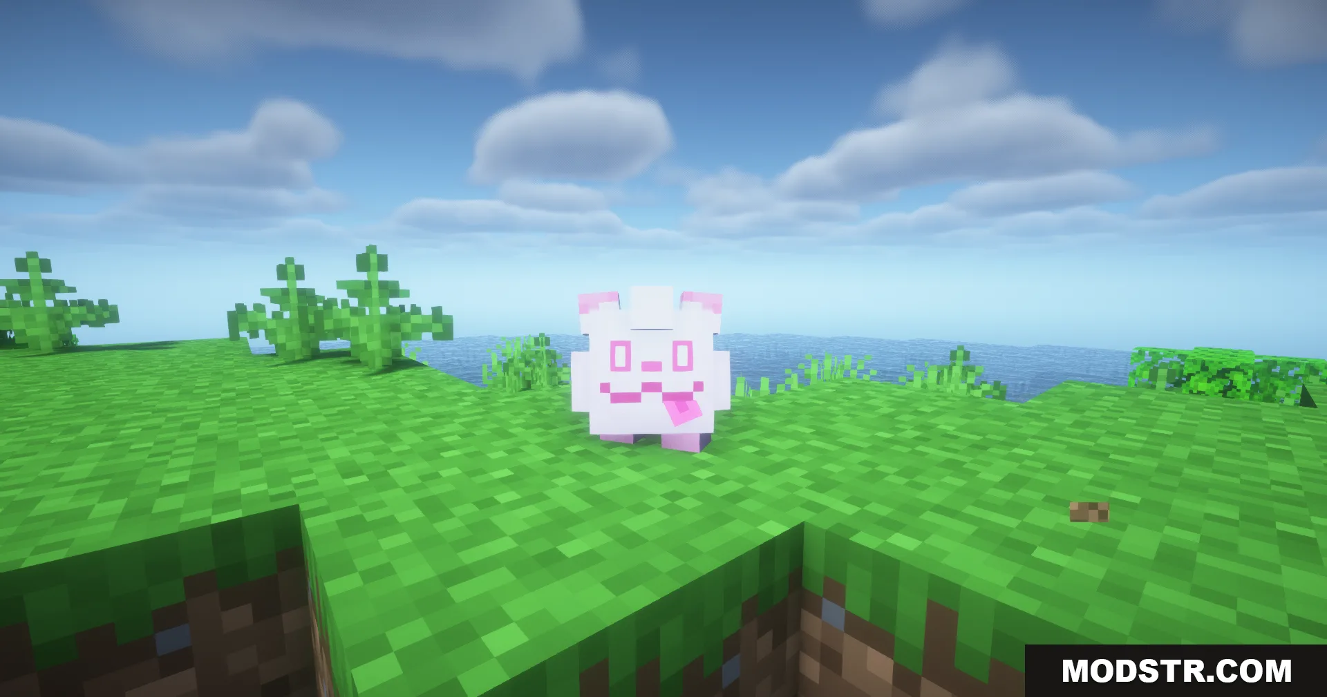Cobblemon Swirlix and Slurpuff Data Pack Screenshot 9 A small white and pink creature standing on a grassy block in a Minecraft world