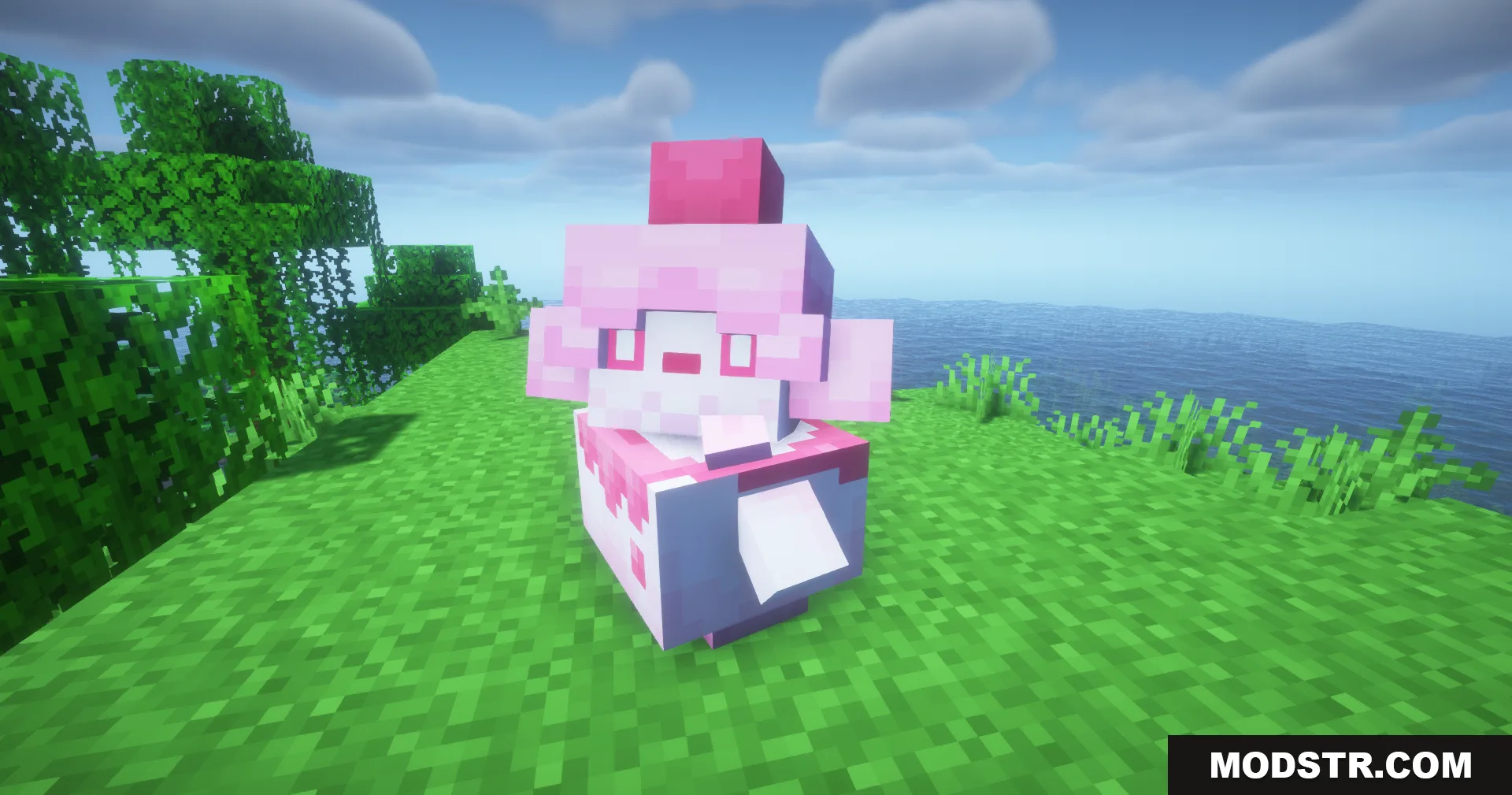 Cobblemon Swirlix and Slurpuff Data Pack Screenshot 10 A pink and white creature with a cherry on its head standing on grass