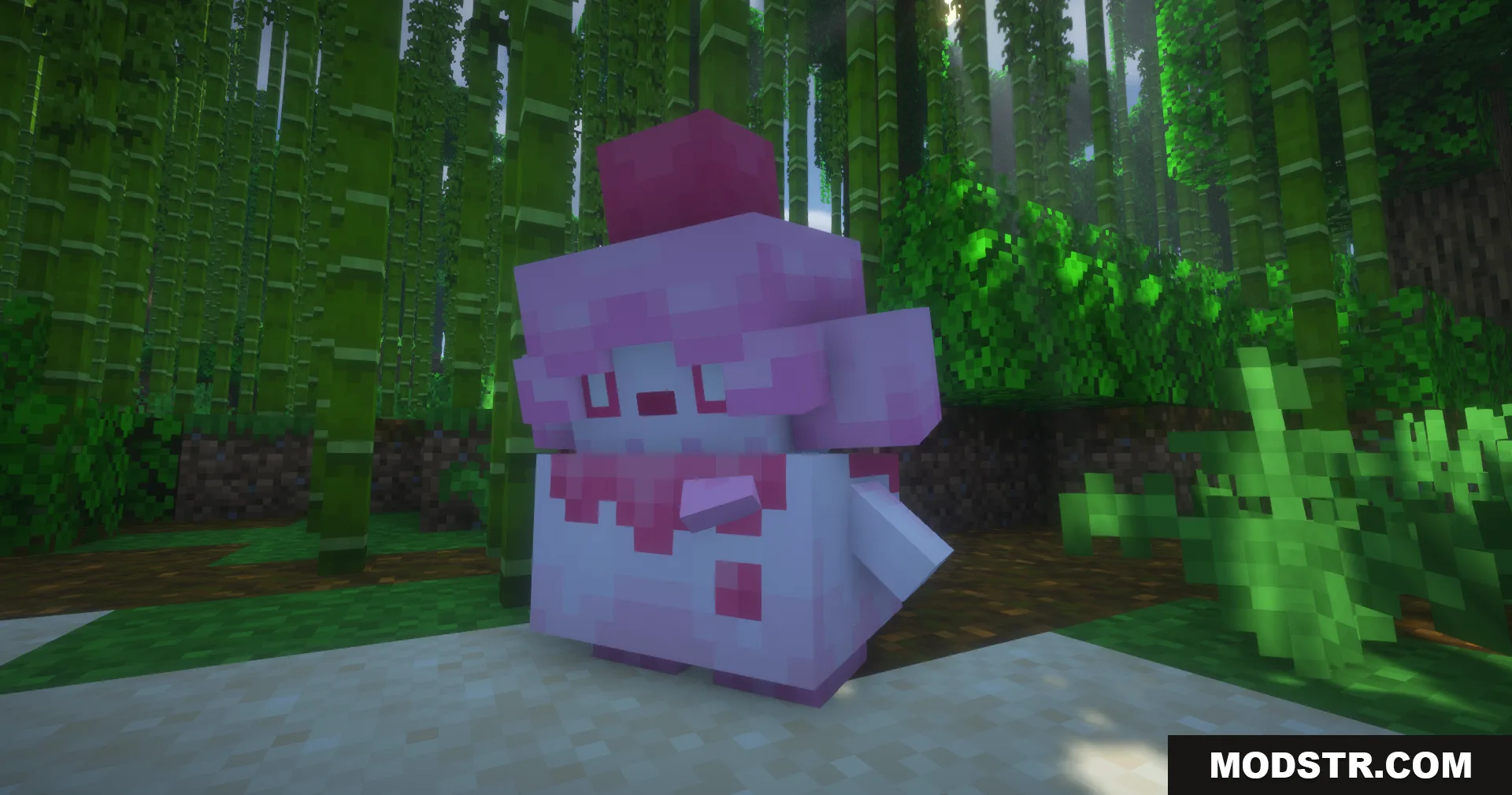 Cobblemon Swirlix and Slurpuff Data Pack Screenshot 3 A pink Slurpuff Pokemon standing in a lush green bamboo jungle biome