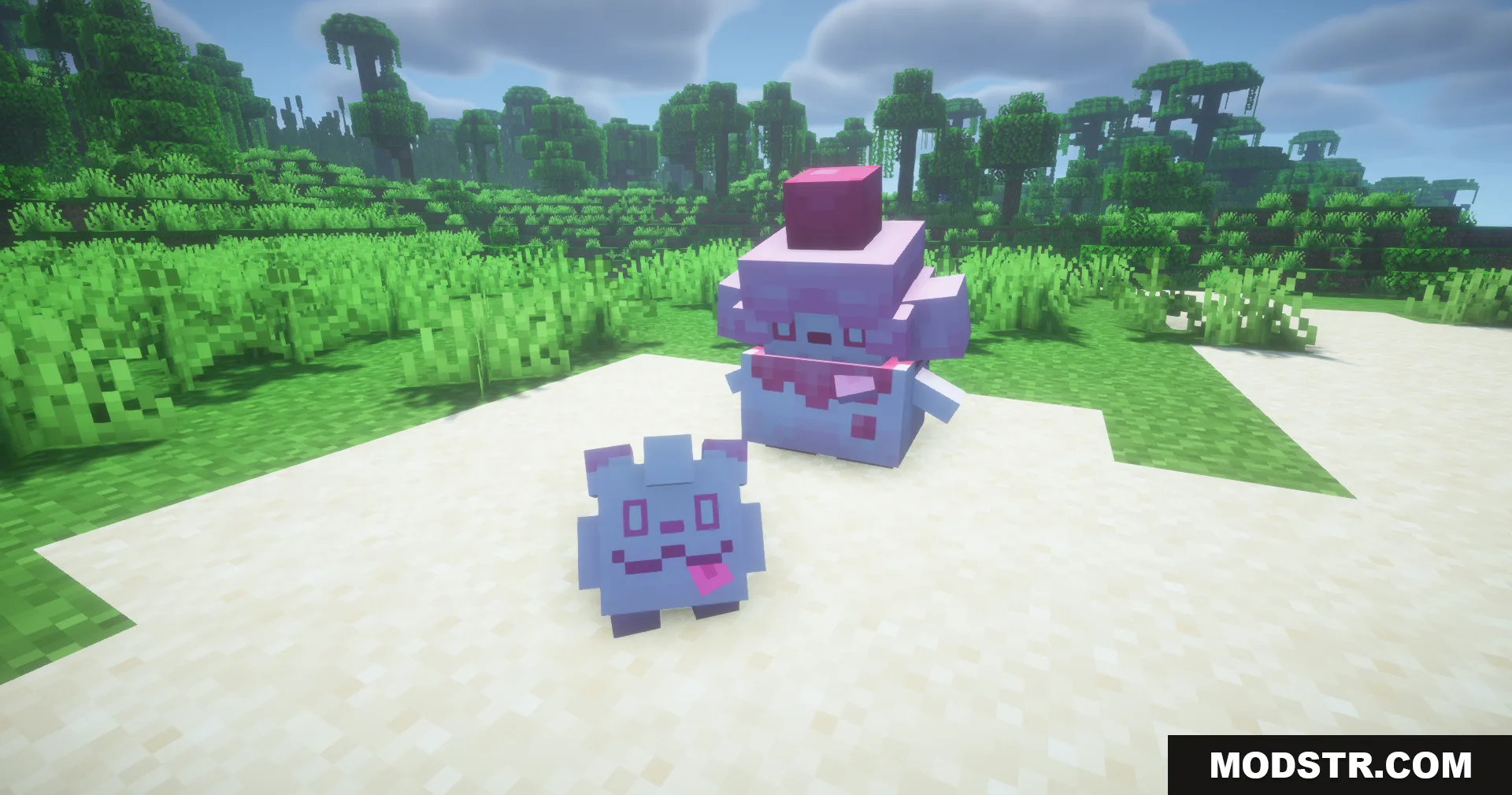 Cobblemon Swirlix and Slurpuff Data Pack Screenshot 6 Swirlix and Slurpuff standing upright on a sandy beach near a grassy area