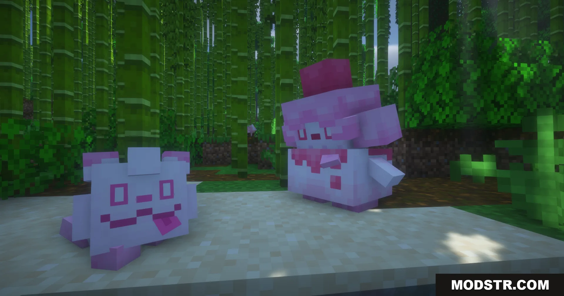 Cobblemon Swirlix and Slurpuff Data Pack Screenshot 2 Pink Swirlix and Slurpuff mobs looking forward in bamboo biome