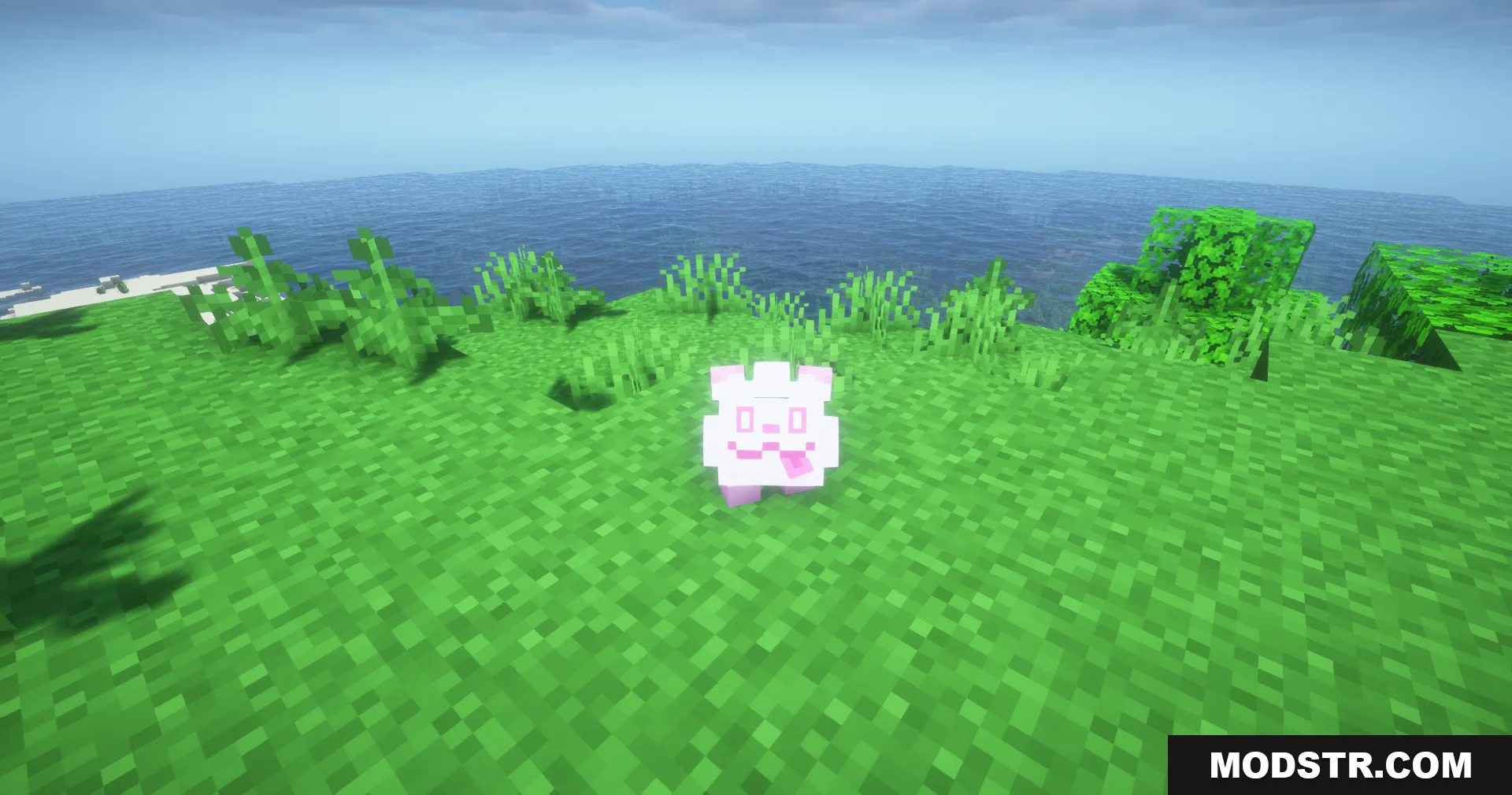 Cobblemon Swirlix and Slurpuff Data Pack Screenshot 7 Small white blocky Swirlix creature standing on green grass near the ocean