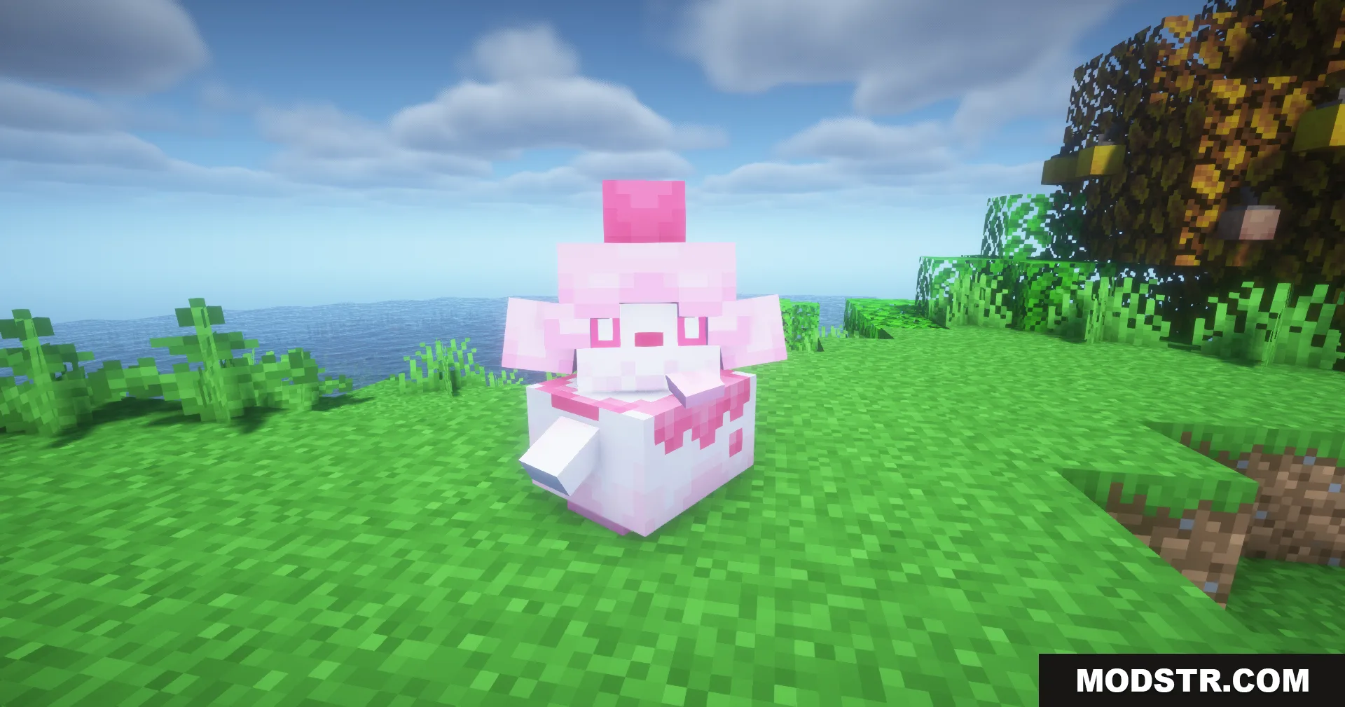 Cobblemon Swirlix and Slurpuff Data Pack Screenshot 11 A pink and white Swirlix Pokemon sitting on grass near the ocean