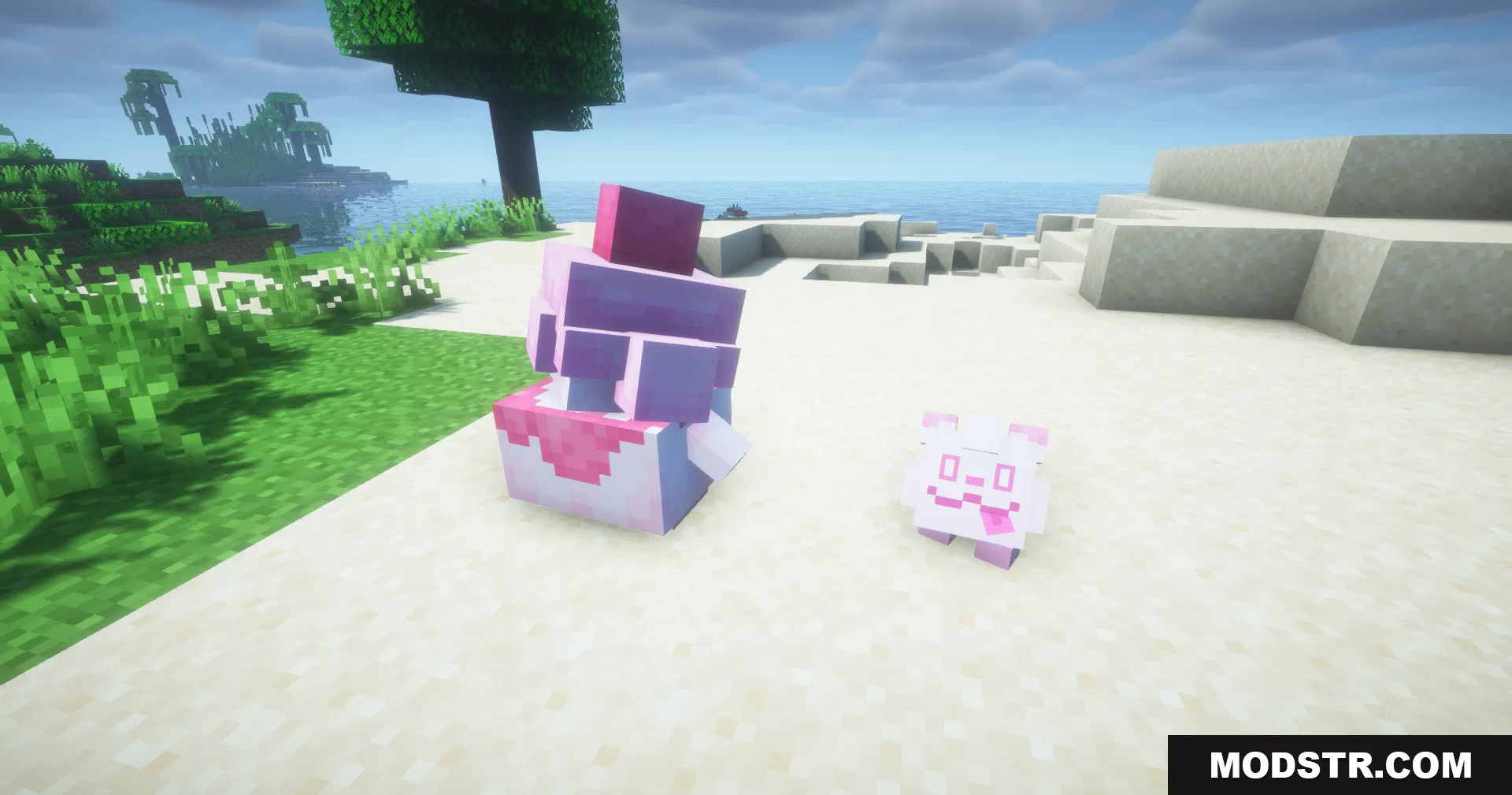 Cobblemon Swirlix and Slurpuff Data Pack Screenshot 4 A Slurpuff and a Swirlix Pokemon standing together on a sandy beach area