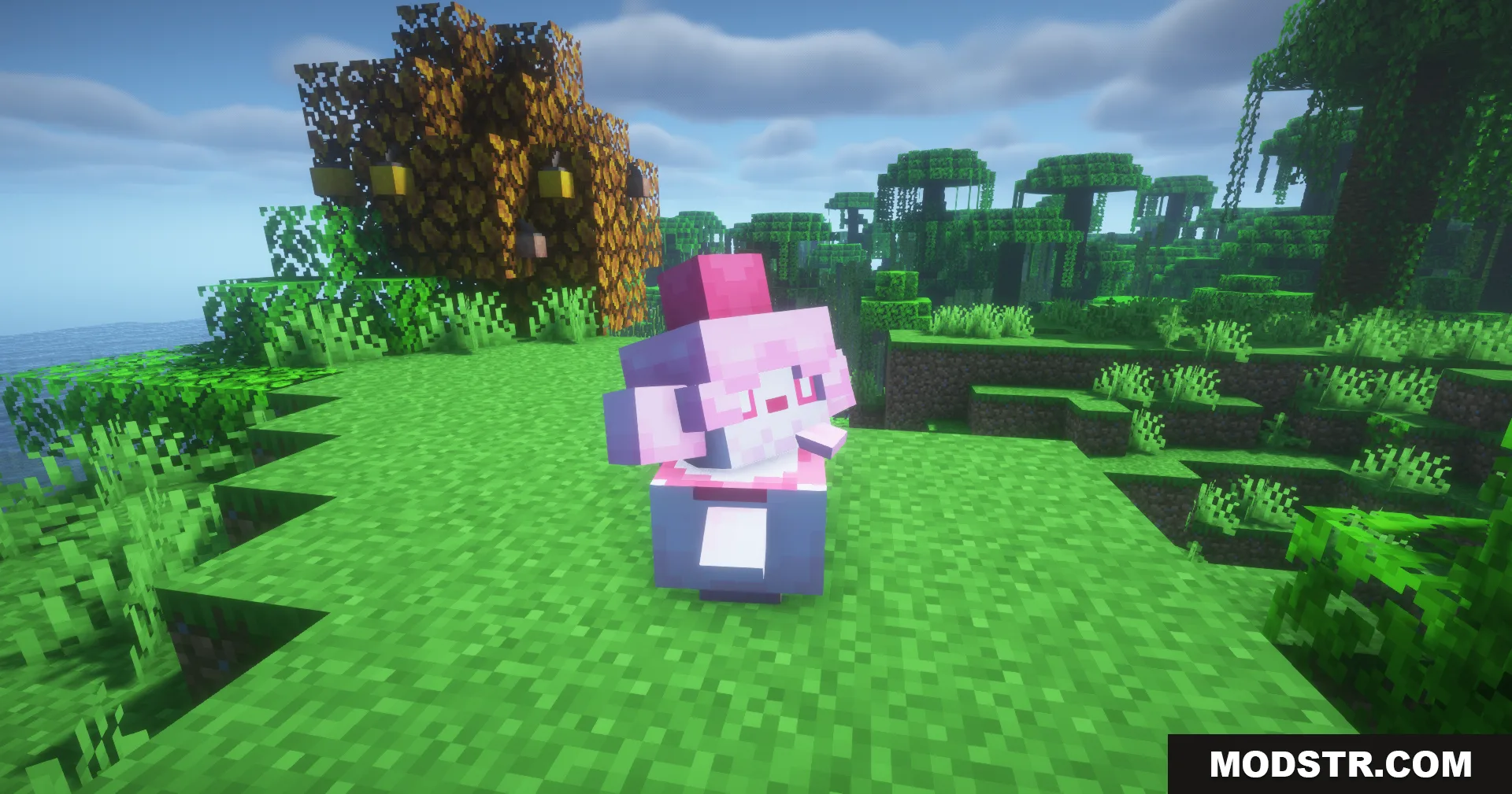 Cobblemon Swirlix and Slurpuff Data Pack Screenshot 12 A blue and pink Swirlix Pokemon standing on grass in a forest