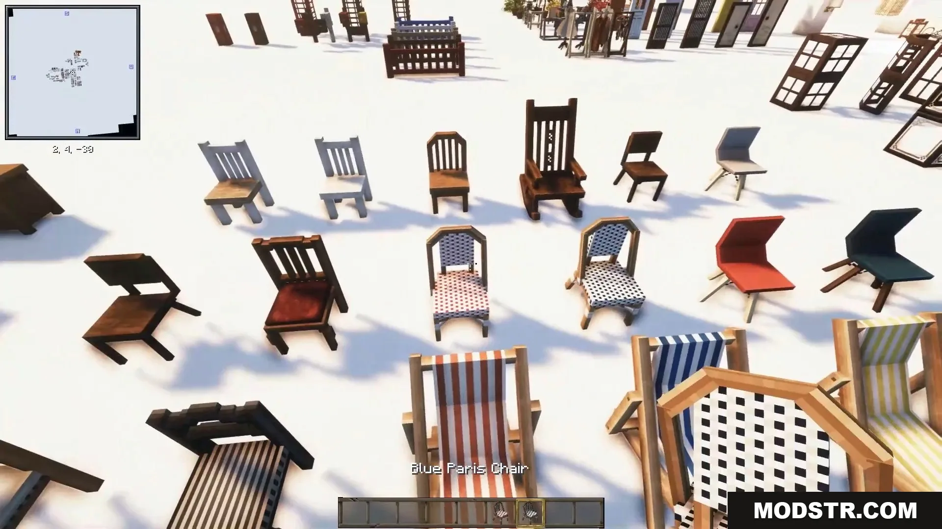 An assortment of wooden chairs, striped beach loungers, and patterned stools.