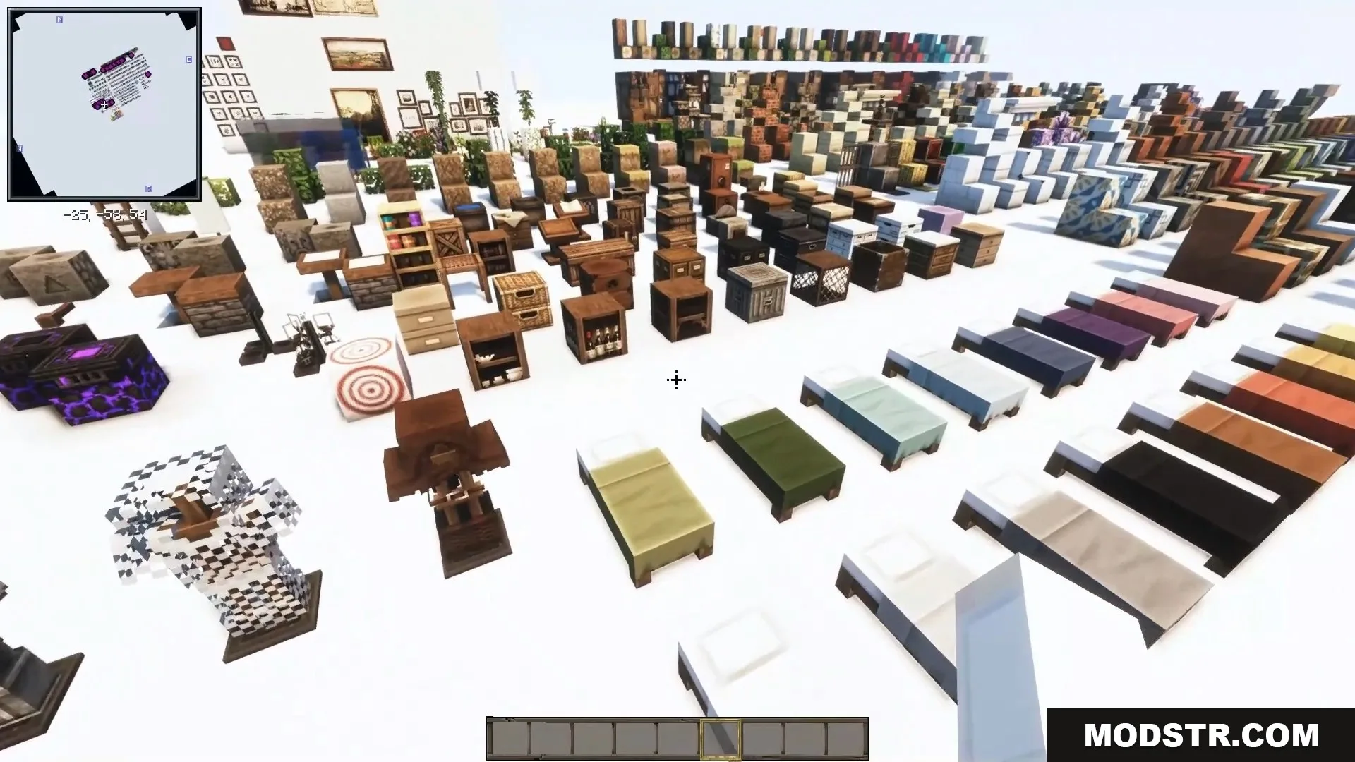 Rows of cozy wooden furniture, shelves, and colorful beds in the cocricot pack.