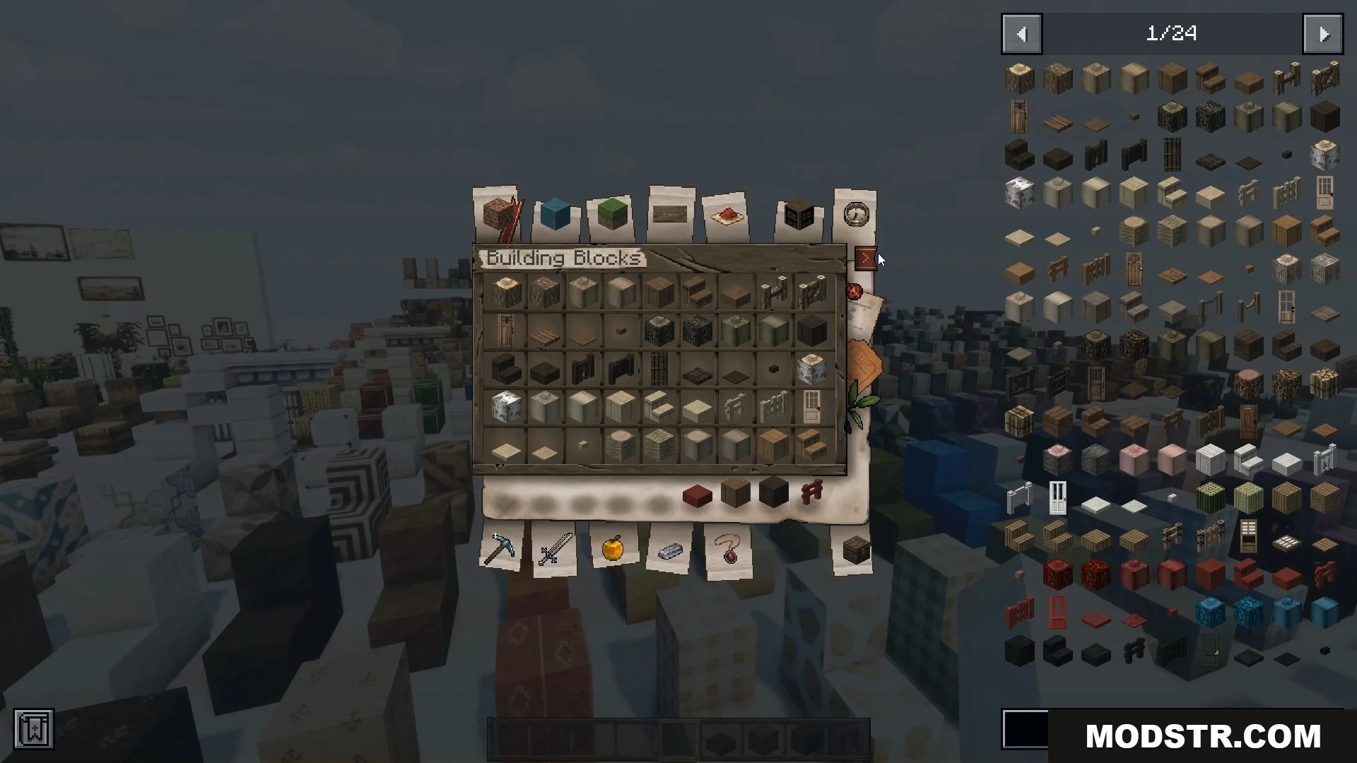 The creative inventory menu displays a massive variety of detailed building blocks.