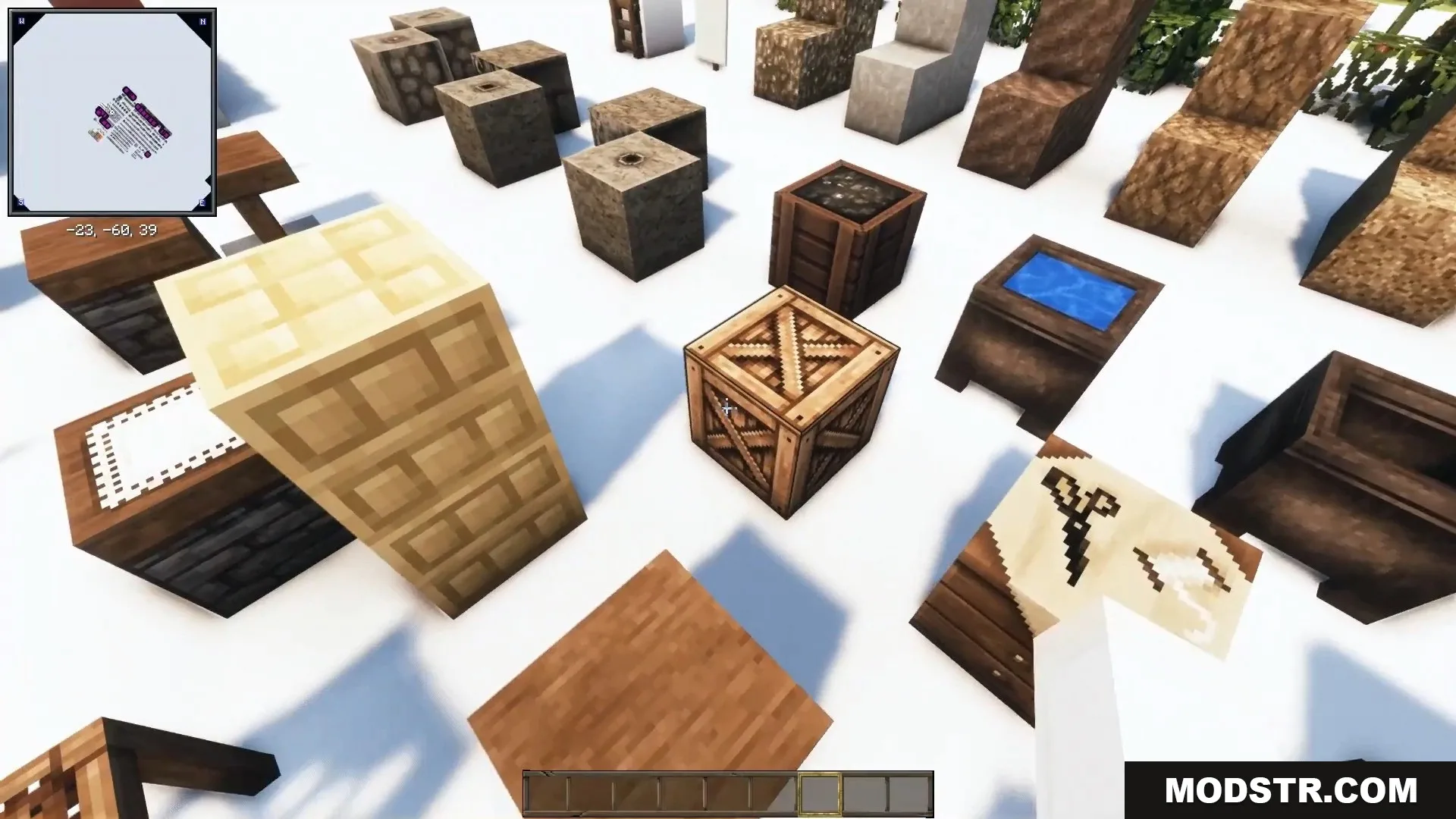 Detailed wooden crates, barrels, and water troughs showcase rustic storage options.