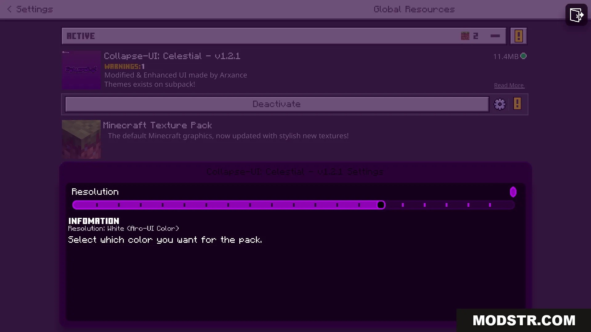 Collapse UI Texture Pack Screenshot 3 A purple settings menu with a resolution slider and pack information